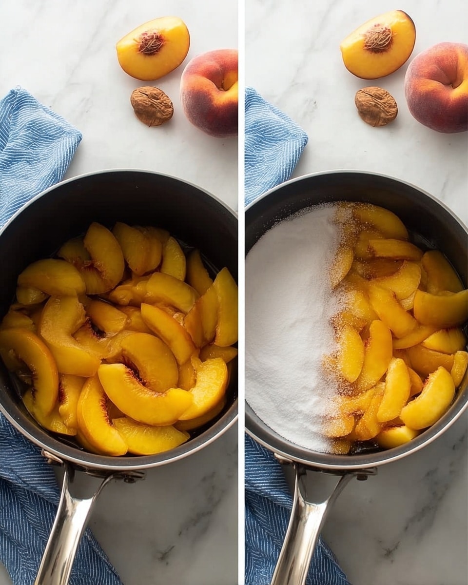 The image shows two side-by-side photos of a black pot on a white marbled surface. Inside the pot in the left photo are many slices of yellow-orange peaches with some soft texture. Above the pot on the marble are several peach pits, light brown and rough in texture. In the right photo, the pot contains the same peach slices as the left, but now they are covered with a thick layer of white granulated sugar on top. The pot handle is silver and faces toward the bottom left corner in both photos. A blue and white cloth is partially visible in the top left corner of the image. Photo taken with an iphone --ar 4:5 --v 7