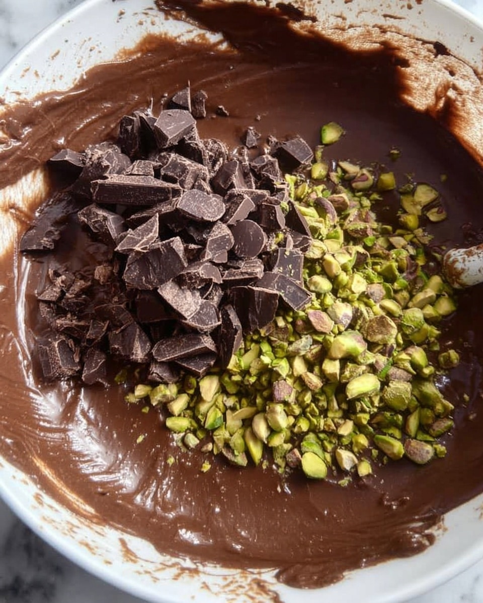 A close-up of a white bowl filled with smooth, dark brown chocolate batter. On top of the batter, there are two piles: one of large, rough dark chocolate chunks in the center-left and another of chopped green pistachios on the right. The batter has a shiny and thick texture, with some smears on the sides of the bowl showing movement. The background is a white marbled surface. Photo taken with an iphone --ar 4:5 --v 7