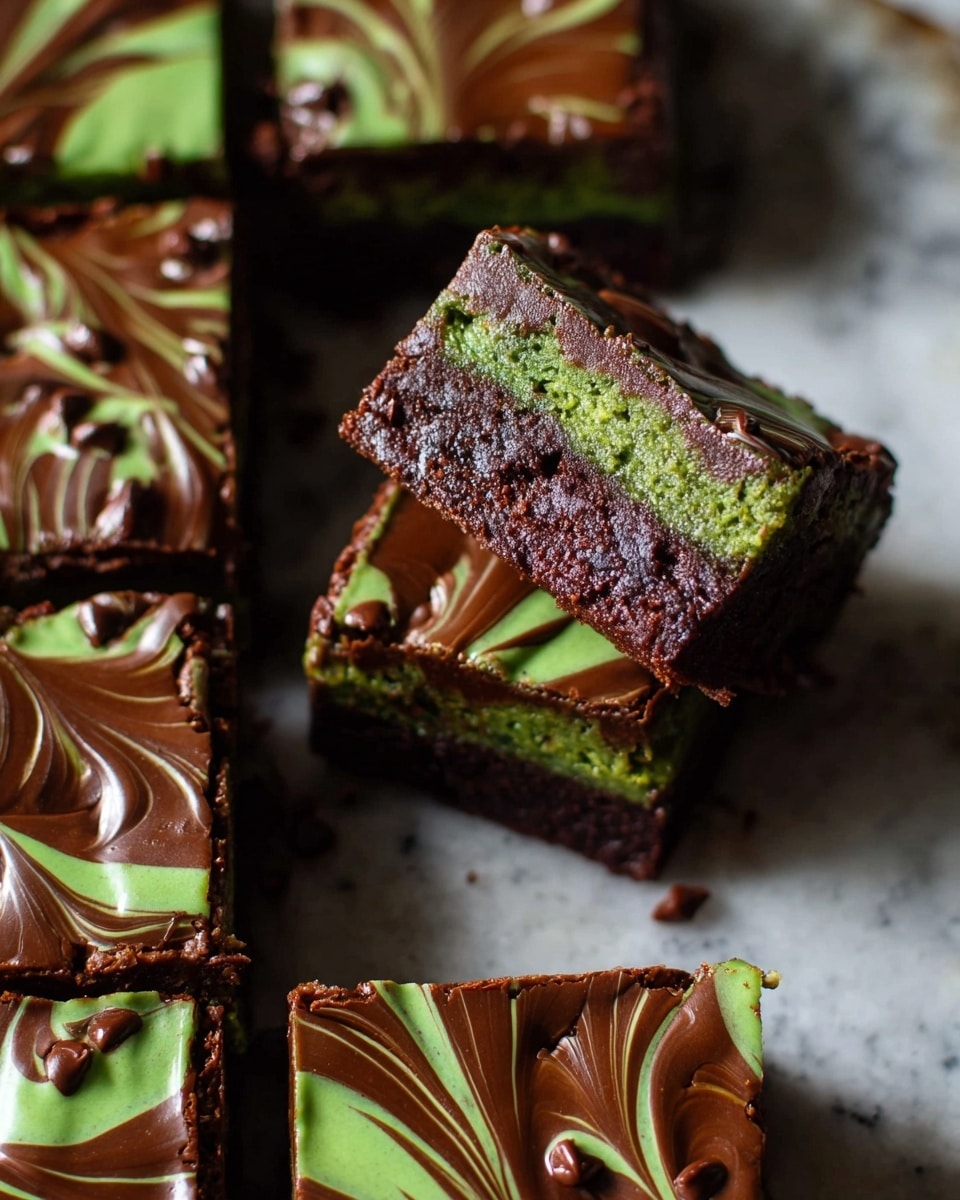 The image shows a batch of brownies arranged in a white marble surface, with one piece placed at an angle on top of the others. Each brownie has two layers: the bottom layer is a rich green color with a soft texture, while the top layer is dark brown chocolate with visible chocolate chips inside. The surface of the top layer is decorated with a shiny chocolate glaze swirled with bright green lines shaped like leaves. The brownies are square and neatly cut, showing the contrast between the green and chocolate layers clearly. Photo taken with an iphone --ar 4:5 --v 7