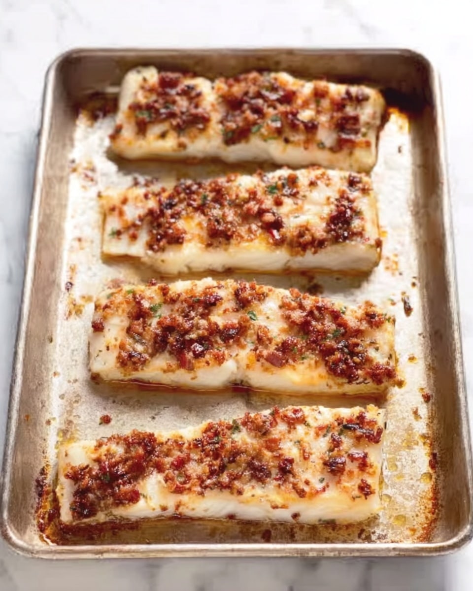 A metal baking tray with four rectangular pieces of cooked white fish laid out in a row. Each fish piece has a golden-brown topping made of small bits of crispy browned ingredients, likely spices and herbs, with some melted cheese or sauce visible. The tray has baked-on spots and a slightly greasy texture around the fish pieces. The background surface is white marble. The light is soft and natural. Photo taken with an iphone --ar 4:5 --v 7