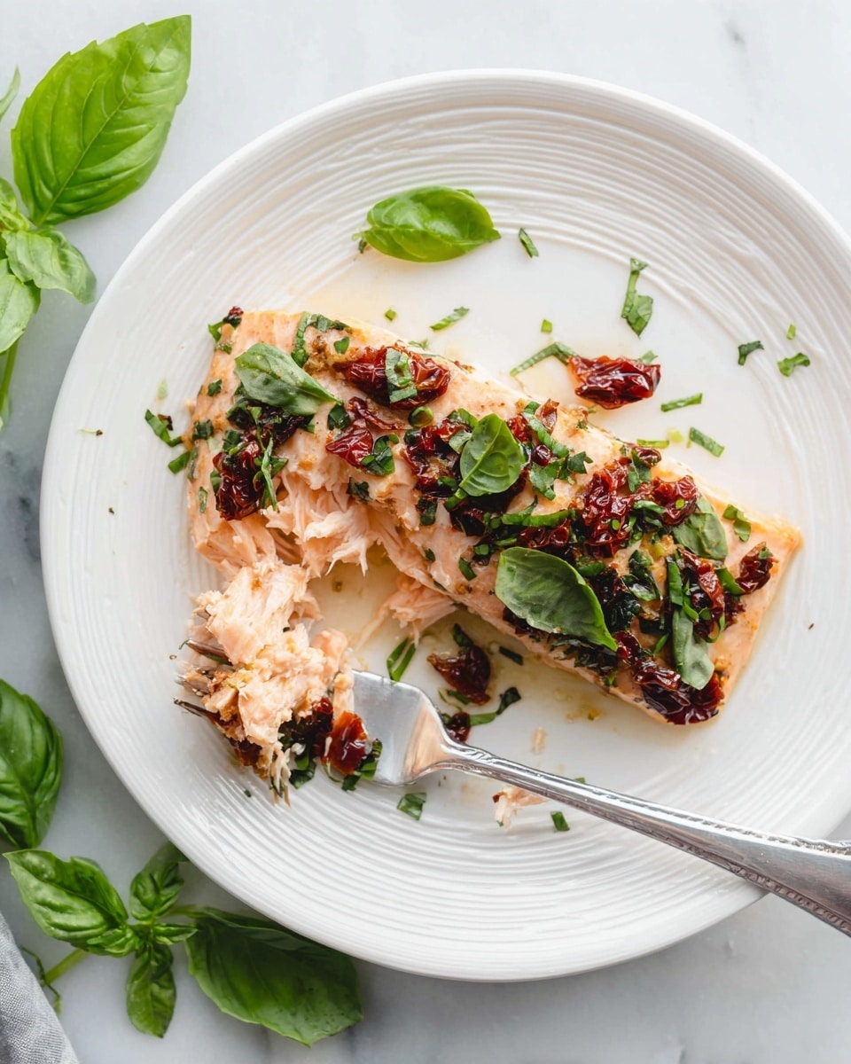 On a white plate with a subtle ripple texture, there is a single piece of cooked salmon with a light pink color and flaky texture, topped with a layer of sun-dried tomatoes that are dark red and slightly crisp, along with scattered chopped green herbs adding a fresh touch. The salmon is garnished with whole and torn bright green basil leaves placed around and on top. A silver fork is picking up a small chunk of the salmon, showing the soft inside layers. The plate rests on a white marbled surface, and fresh green basil leaves are visible at the bottom left corner outside the plate. Photo taken with an iphone --ar 4:5 --v 7