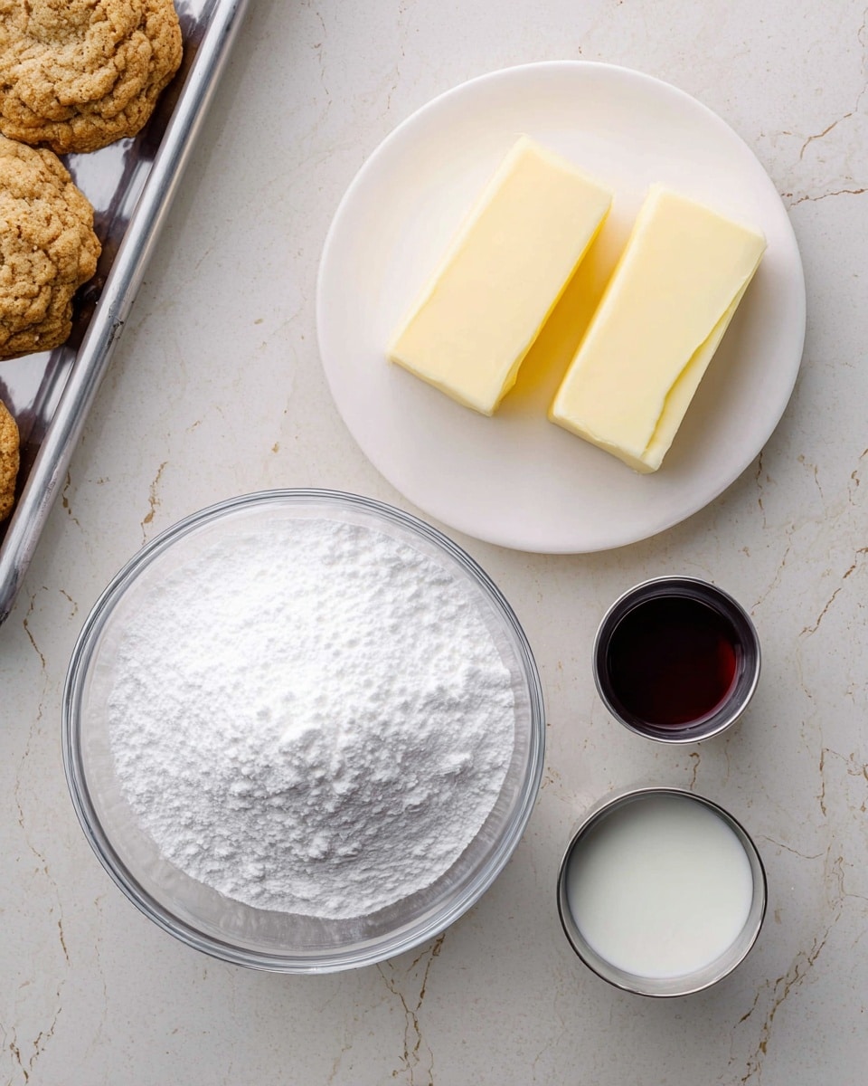 Top view of baking ingredients arranged on a white marbled surface: a white plate holds three rectangular pieces of pale yellow butter near the top center, below it is a clear glass bowl filled with white powdered sugar covering the entire bowl, to the right of the bowl are two small metal cups, one holds a small amount of dark brown vanilla extract and the other a small amount of white milk, on the top left corner, part of a metal baking tray with freshly baked oatmeal cookies is visible. photo taken with an iphone --ar 4:5 --v 7