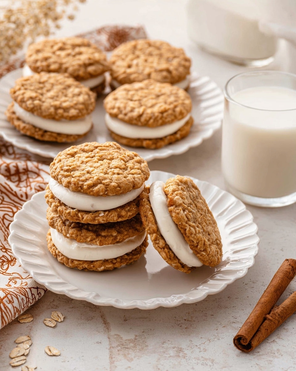 The image shows several oatmeal cream sandwich cookies arranged on two white scalloped plates placed on a white marbled surface. Each sandwich cookie has two rough-textured golden-brown oatmeal cookie layers with visible oats, holding a thick, smooth, white cream filling in the middle. One sandwich cookie is standing on its edge, leaning against another cookie on the front plate, while others rest flat. A clear glass filled halfway with white milk sits beside the plates. In the background, there are two cinnamon sticks and a textured light cloth with a brown and white pattern. The photo taken with an iphone --ar 4:5 --v 7