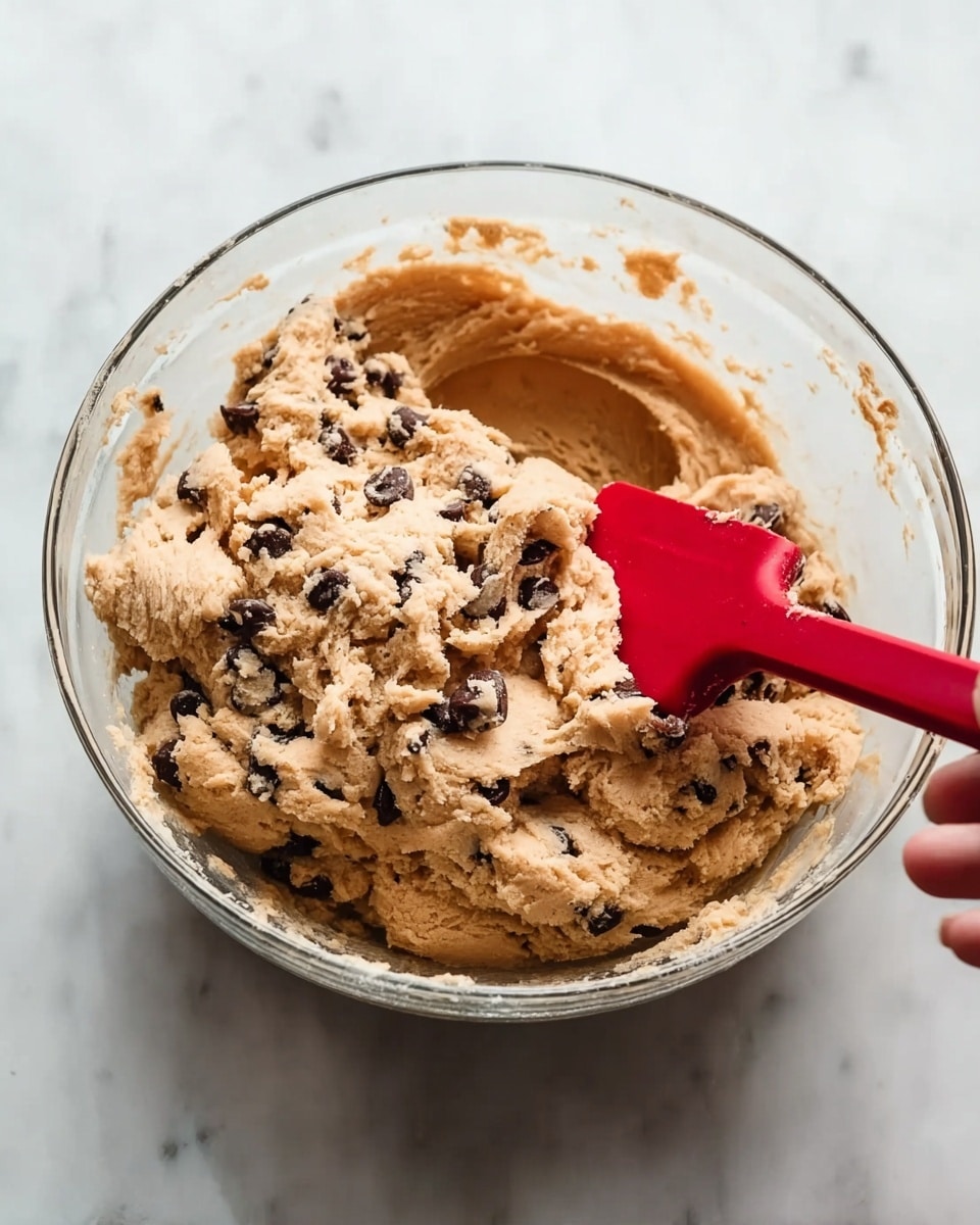 A clear glass bowl filled with thick, light brown cookie dough mixed with dark chocolate chips, with a red silicone spatula resting inside the bowl, partially covered by the dough. The bowl is sitting on a white marbled surface, and a woman's hand is visible holding the bowl from the side. The dough has a slightly rough texture with visible chocolate chips scattered throughout. photo taken with an iphone --ar 4:5 --v 7