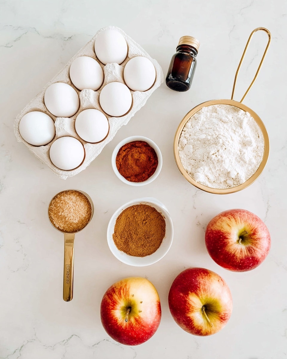The image shows various baking ingredients arranged on a white marbled surface. There is a white carton holding six white eggs on the left. Near the top center, a small white bowl contains a reddish-brown spice, while a gold-handled sieve filled with white flour is placed next to it. On the right top side, there is a small dark amber bottle. Below this bottle, another small white bowl holds a ground brown spice. Near the bottom left, a gold-handled measuring cup is filled with light brown sugar. Two red apples with yellow-green spots are placed side by side near the bottom right. The image is bright, clean, and well organized, with each item clearly visible. Photo taken with an iphone --ar 4:5 --v 7