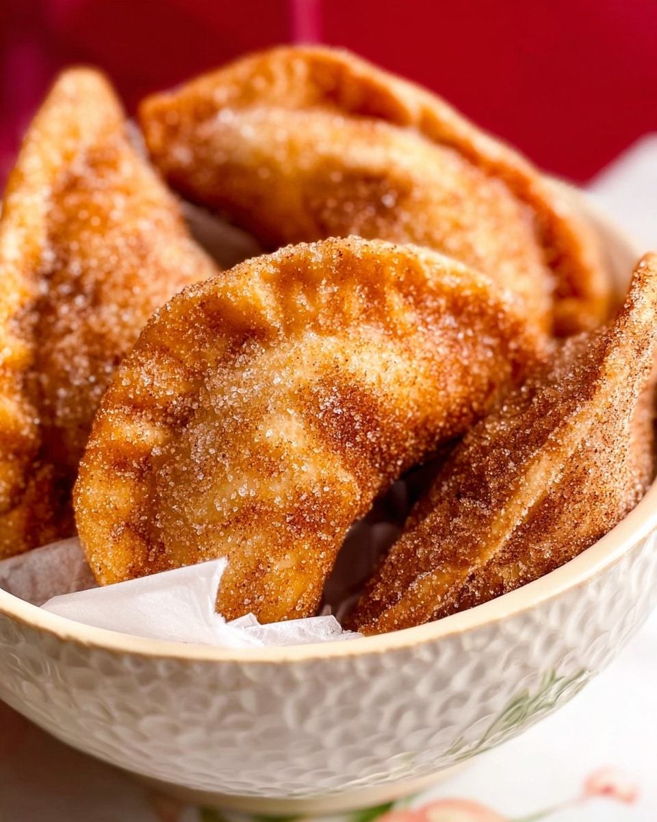 The image shows several golden brown fried empanadas with a light dusting of sugar and cinnamon, arranged closely inside a white textured bowl. The empanadas have a slightly rough and crispy surface with visible sugar granules on top. The bowl is placed on a white marbled surface, with a red blurred background element at the top right corner. The lighting highlights the warm tones of the empanadas and the delicate texture of the bowl. photo taken with an iphone --ar 4:5 --v 7