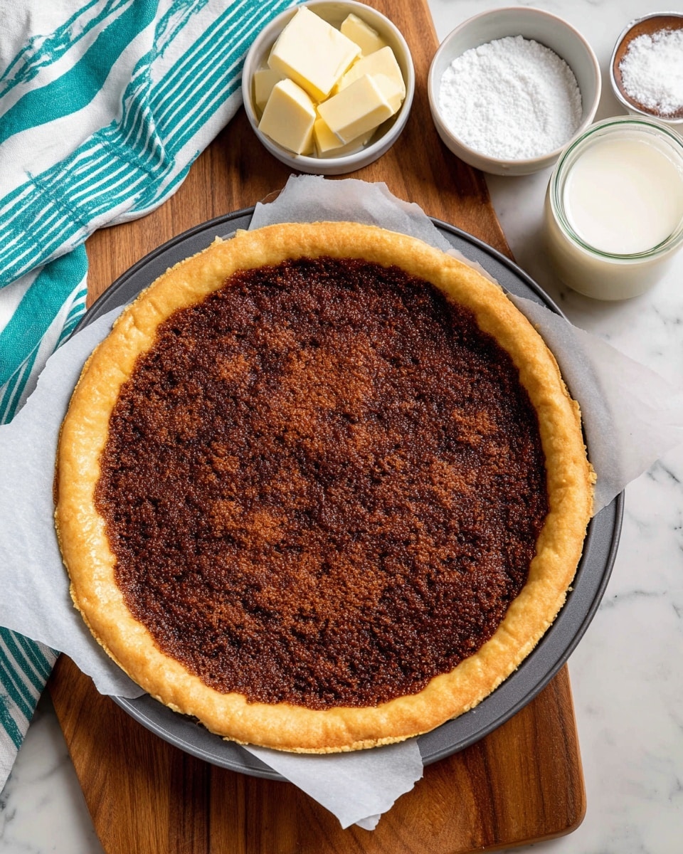 A round tart with a thick golden-brown crust surrounds the edges, holding a dark brown, crumbly filling that covers the entire center. The tart sits on white parchment paper within a dark gray pan. The background features a wooden board on a white marbled surface, with small white bowls containing two squares of pale yellow butter, white powdered sugar, and a small clear bowl with a little milk nearby. A white cloth with teal stripes is seen on the left side. photo taken with an iphone --ar 4:5 --v 7