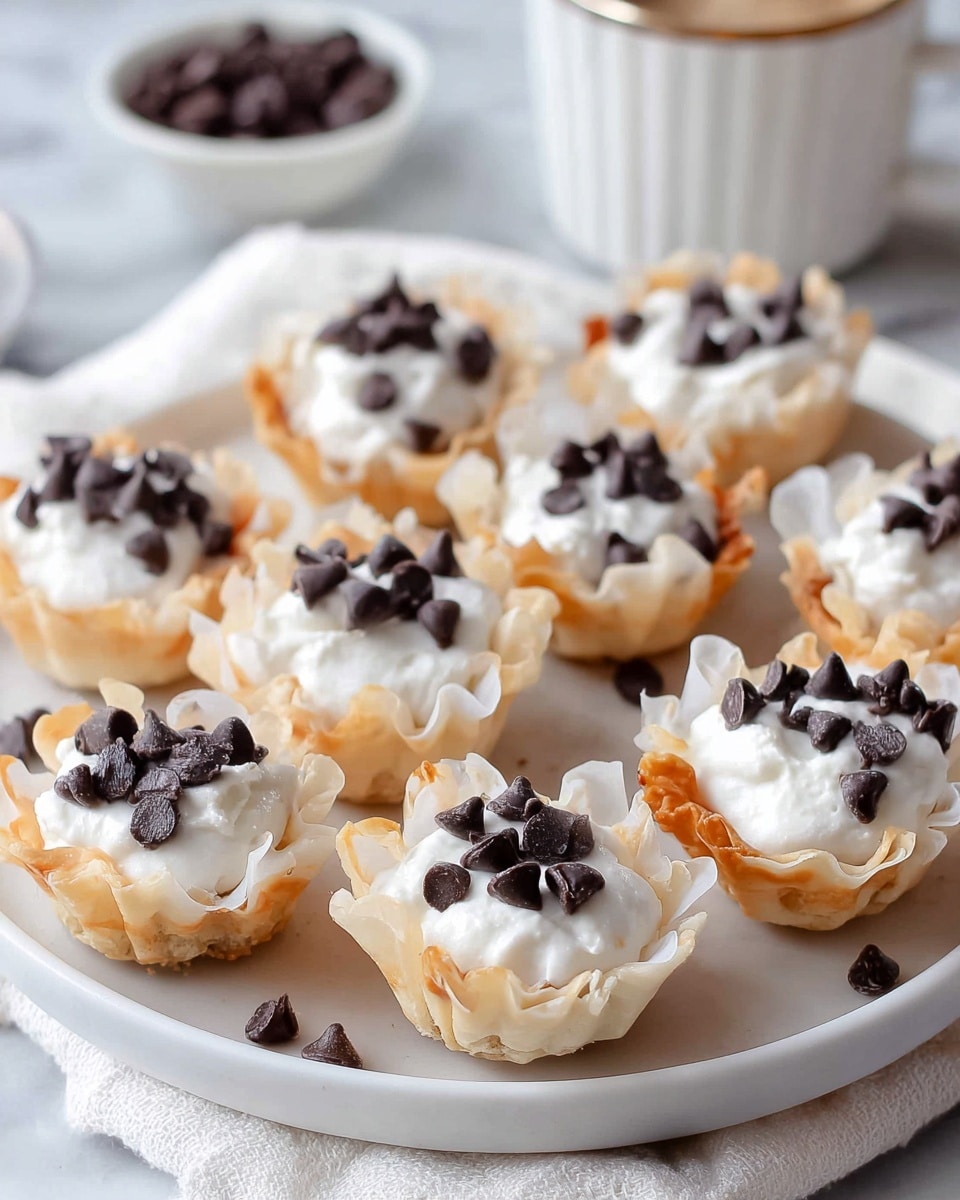 A white plate holds twelve small mini tartlets, each with three clear layers: the base is a light golden, crispy, and flaky pastry shaped like a flower with ruffled edges; the middle layer is a smooth white cream filling that appears soft and thick, filling each tartlet almost to the top; the top layer is scattered with dark chocolate chips that add contrast and texture on each cream topping. The plate sits on a white marbled surface with a white cloth in the background and a white cup filled with more chocolate chips slightly blurred behind the tartlets. photo taken with an iphone --ar 4:5 --v 7