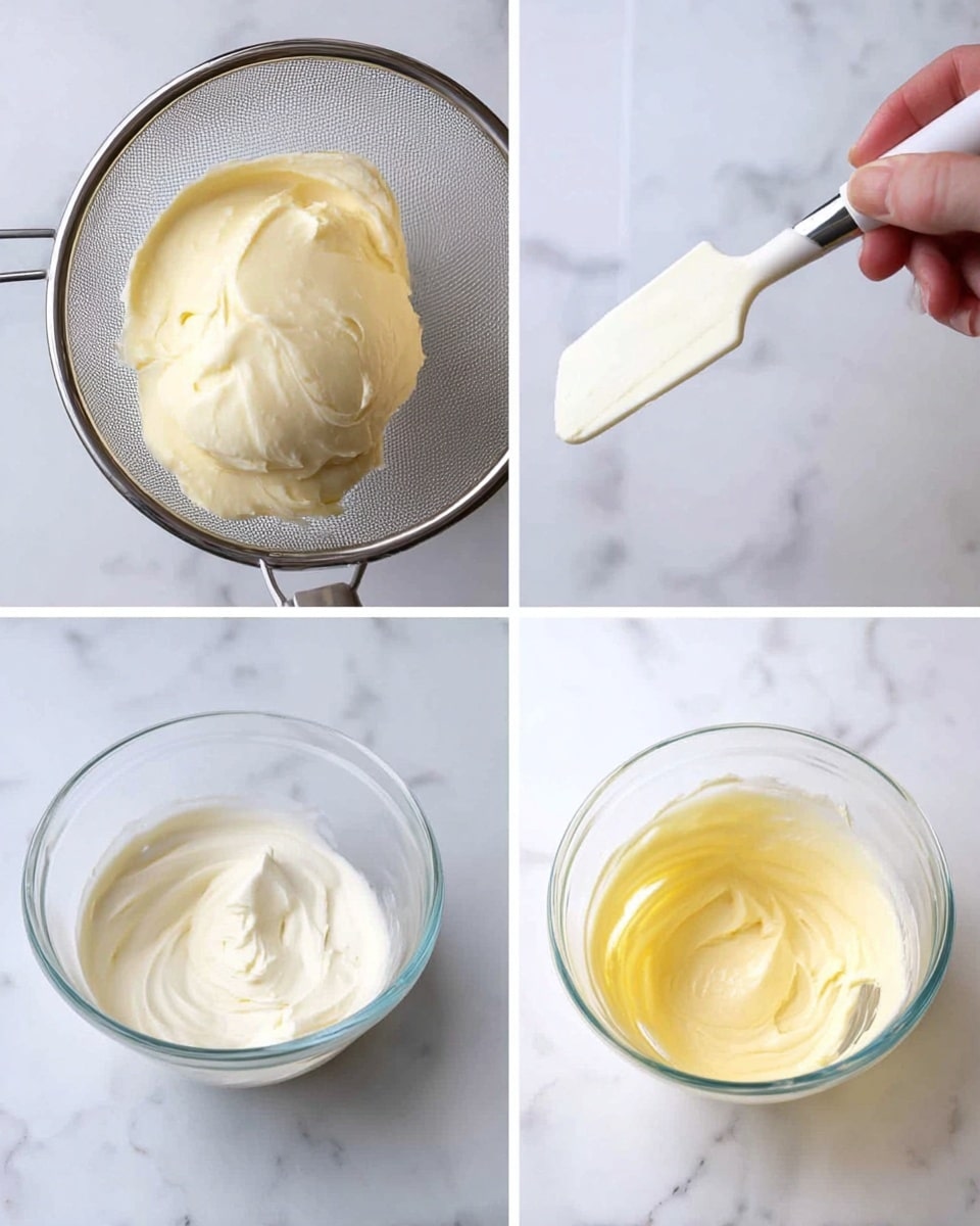 The image shows three steps of making a creamy mixture on a white marbled surface. The top left part shows a woman's hand using a white spatula to push a smooth, pale yellow cream through a fine metal sieve. The bottom left part shows thick white cream in a clear round bowl with a stream of slightly darker liquid being poured over it. The right part shows the cream mixture after blending, light yellow and smooth in texture, inside the same clear bowl with the spatula resting in it. photo taken with an iphone --ar 4:5 --v 7