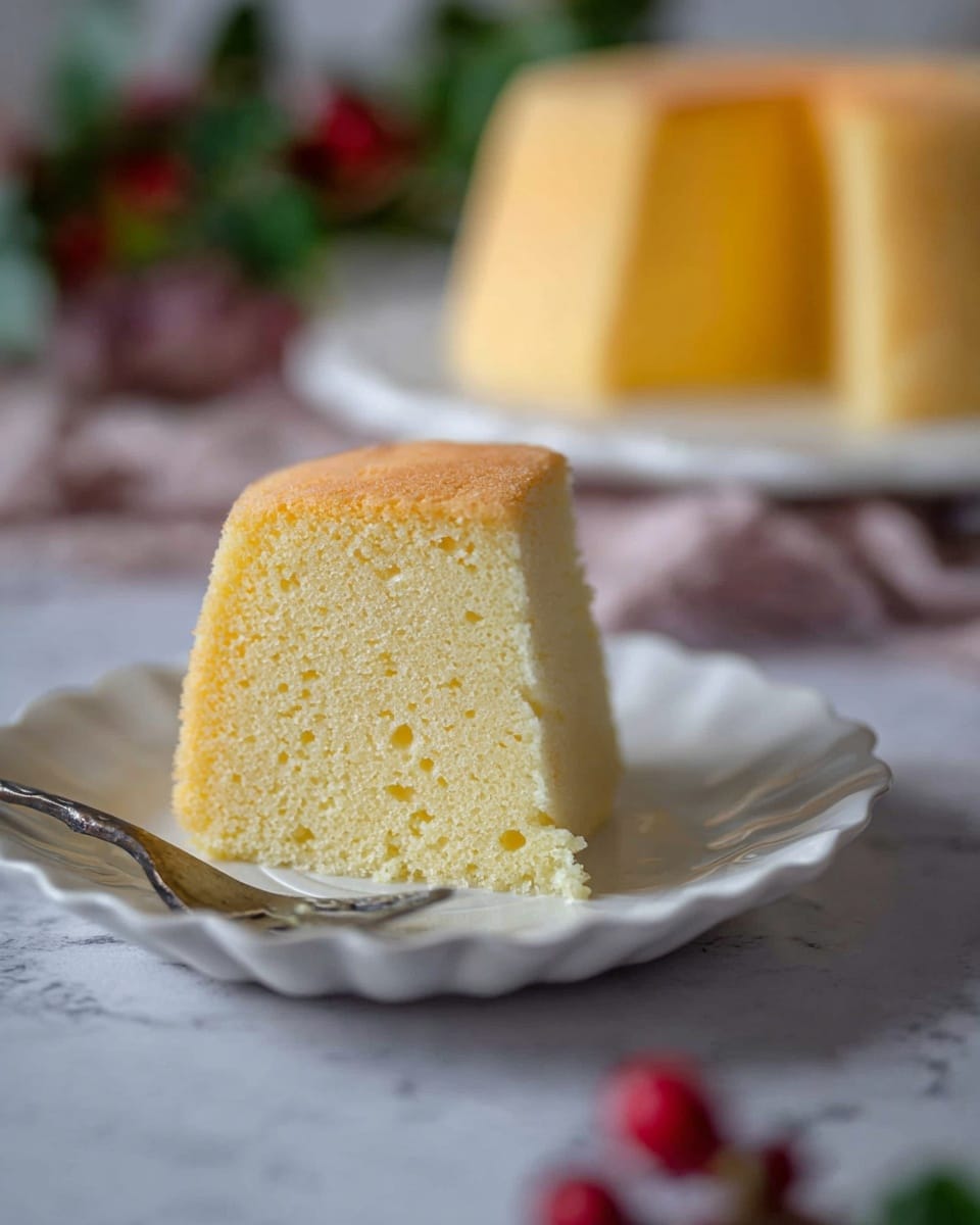 A soft, light yellow sponge cake slice with a fluffy texture sits on a white, wavy-edged plate in the foreground. The slice is tall and slightly rounded at the top, showing small air holes inside. Behind it on a white, marbled surface, the rest of the plain yellow cake is visible on another white plate, blurred in the background. A blurred fork with a small piece of the same cake sits in front, creating a soft focus effect. Out of focus red berries and green leaves add a subtle color contrast in the far background. Photo taken with an iphone --ar 4:5 --v 7