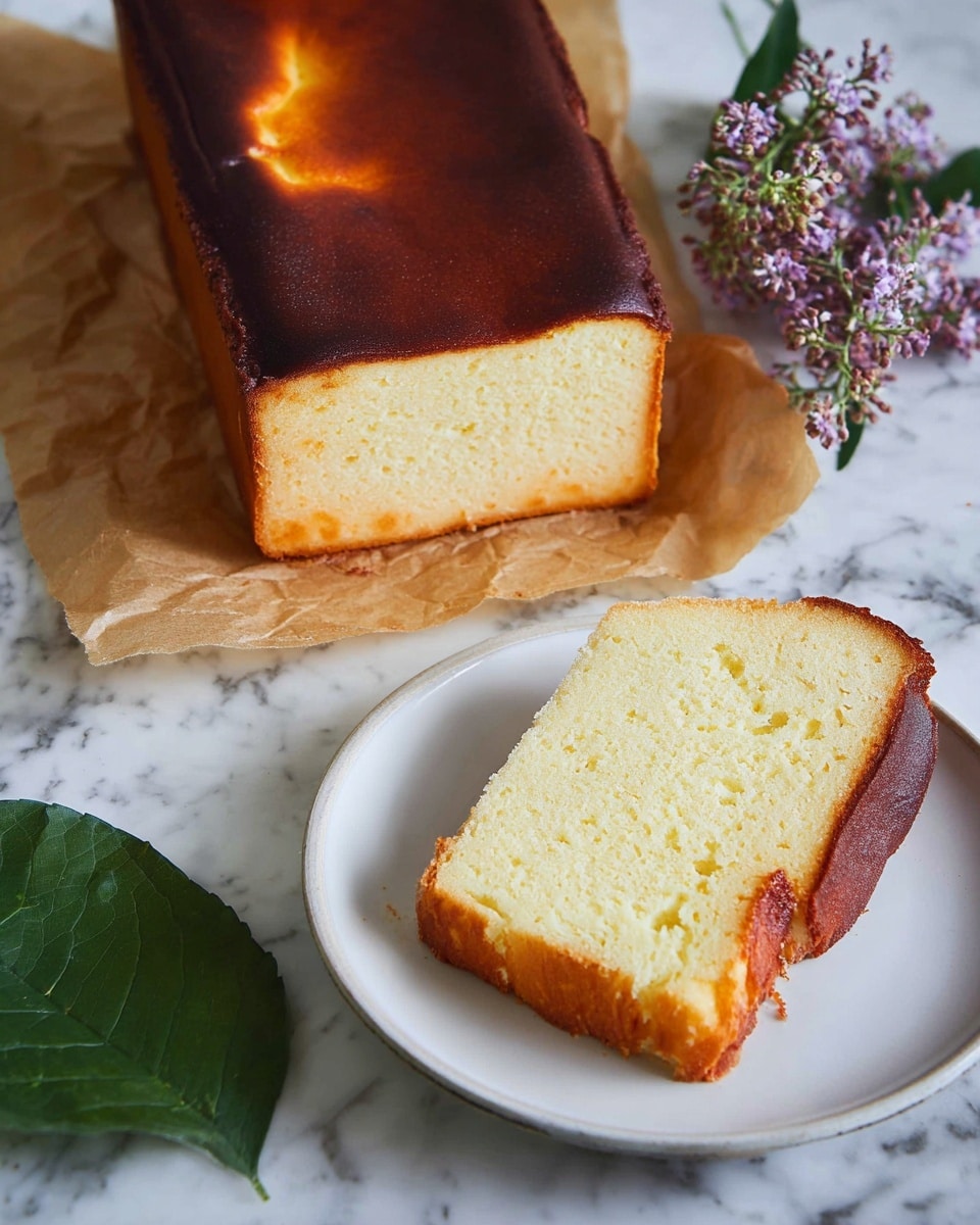 The image shows a rectangular cake with a dark, golden-brown top layer that looks smooth and caramelized. The cake sits on a piece of brown parchment paper on a white marbled surface. In front of the cake, a thick slice is placed on a white plate, showing a soft, light yellow inside with a slightly uneven but spongy texture. To the side, there is a green leaf and a small bunch of purple flowers, adding a natural element to the scene. The overall look is warm and inviting, with clear details on the cake’s layers and colors. photo taken with an iphone --ar 4:5 --v 7