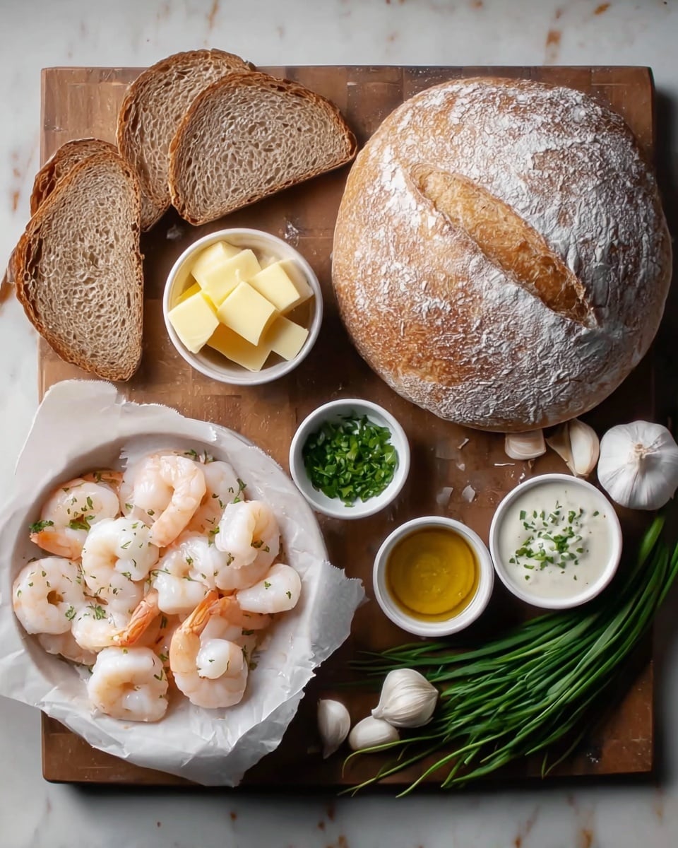 This image shows a wooden board with a round loaf of bread dusted with flour on the right side, three slices of brown bread placed on the left, and a small white bowl holding several pieces of yellow butter at the top left. In the center, there is a white plate lined with parchment paper, filled with peeled shrimp and scallops with pale pink and white colors. Around the plate are small white bowls containing chopped green herbs, a yellow mustard-like sauce, and a white creamy sauce topped with small green herb pieces. Fresh green herbs lie next to the bread, and a cluster of white garlic bulbs is on the right side near the loaf. The entire scene is set on a white marbled texture surface. Photo taken with an iphone --ar 4:5 --v 7
