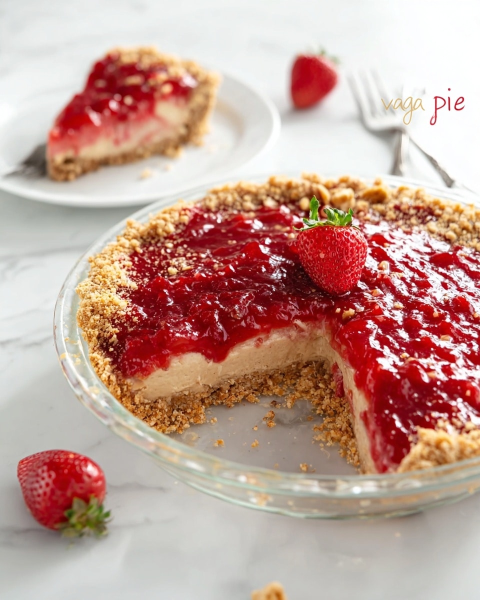 A clear glass pie dish holds a pie with three layers: a thick, crumbly light brown crust at the bottom, a creamy beige peanut butter layer in the middle, and a bright red chunky strawberry jelly layer on top, with a whole fresh strawberry placed in the center of the jelly. A slice is missing from the pie, showing the layers clearly. In the background, there is a white plate with a slice of the pie topped with strawberry jelly and bits of walnut, next to two fresh strawberries and a silver fork. The scene is set on a white marbled surface, with soft, even lighting. Photo taken with an iphone --ar 4:5 --v 7