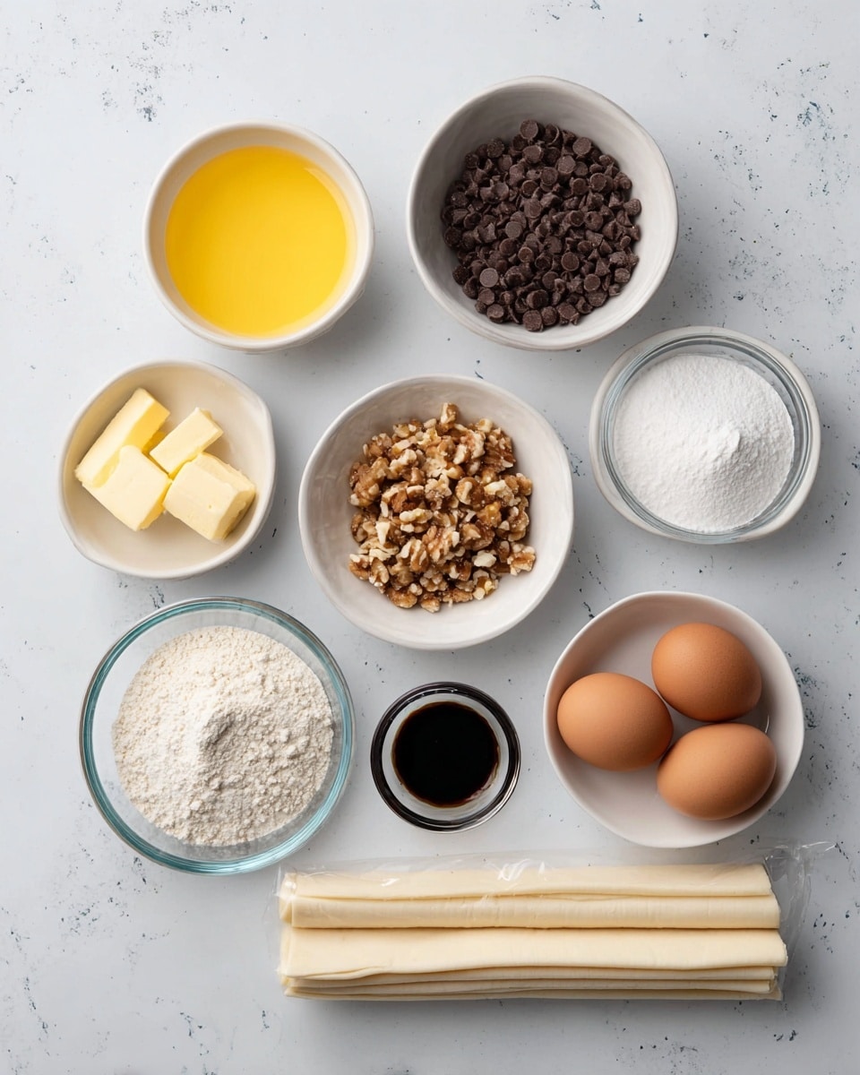 A top view of seven small white bowls and one small glass bowl arranged neatly on a white marbled surface; the bowls contain different baking ingredients: melted yellow butter, dark brown chocolate chips, chopped light brown nuts, white flour, two brown eggs in a small white bowl, white sugar, and a small bowl with dark vanilla extract. Below all the bowls lies a wrapped package of rolled white pastry sheets. The lighting is bright and soft, showing clear textures in each ingredient. photo taken with an iphone --ar 4:5 --v 7