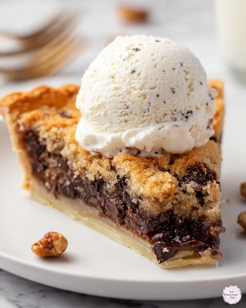 A close-up view of a slice of chocolate chip pie with three visible layers: a thin light beige crust layer at the bottom, a thick middle layer filled with dark brown chocolate chunks and rich chocolate filling with a slightly gooey texture, and a golden brown crumbly top layer with a rough texture. On top of the pie slice is a large scoop of light cream-colored vanilla ice cream with small specks, smooth and slightly melting. The slice sits on a white plate on a white marbled surface, with a blurred background showing a fork and some small brown nuts. photo taken with an iphone --ar 4:5 --v 7