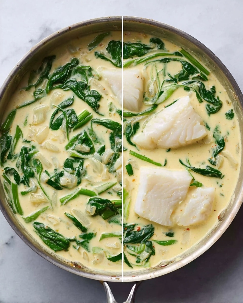 The image shows a metal cooking pan on a white marbled surface, filled with a creamy light yellow sauce. Inside the sauce, dark green spinach leaves are mixed in, folded over and spread throughout. On the right side, thick, white fish fillets rest on top of the sauce and spinach, partially submerged, showing their smooth texture. The pan is filled about halfway, and the sauce looks thick and smooth with visible small bits of onions or spices floating inside. Photo taken with an iphone --ar 4:5 --v 7