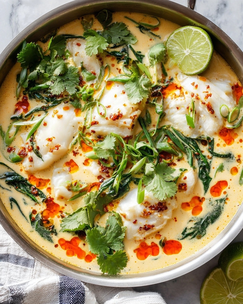 A close-up of a silver pan filled with a creamy, light yellow broth with white soft poached fish pieces floating in it. There are dark green spinach leaves and thinly sliced white onions mixed in. Bright orange-red chili oil is drizzled over the surface, adding splashes of color. Fresh green cilantro leaves and sliced green scallions are scattered on top, adding texture and contrast. Two lime halves rest in a white marbled textured bowl in the background. The pan sits on a white marbled textured surface with a white and navy blue striped cloth folded beside it. Photo taken with an iphone --ar 4:5 --v 7
