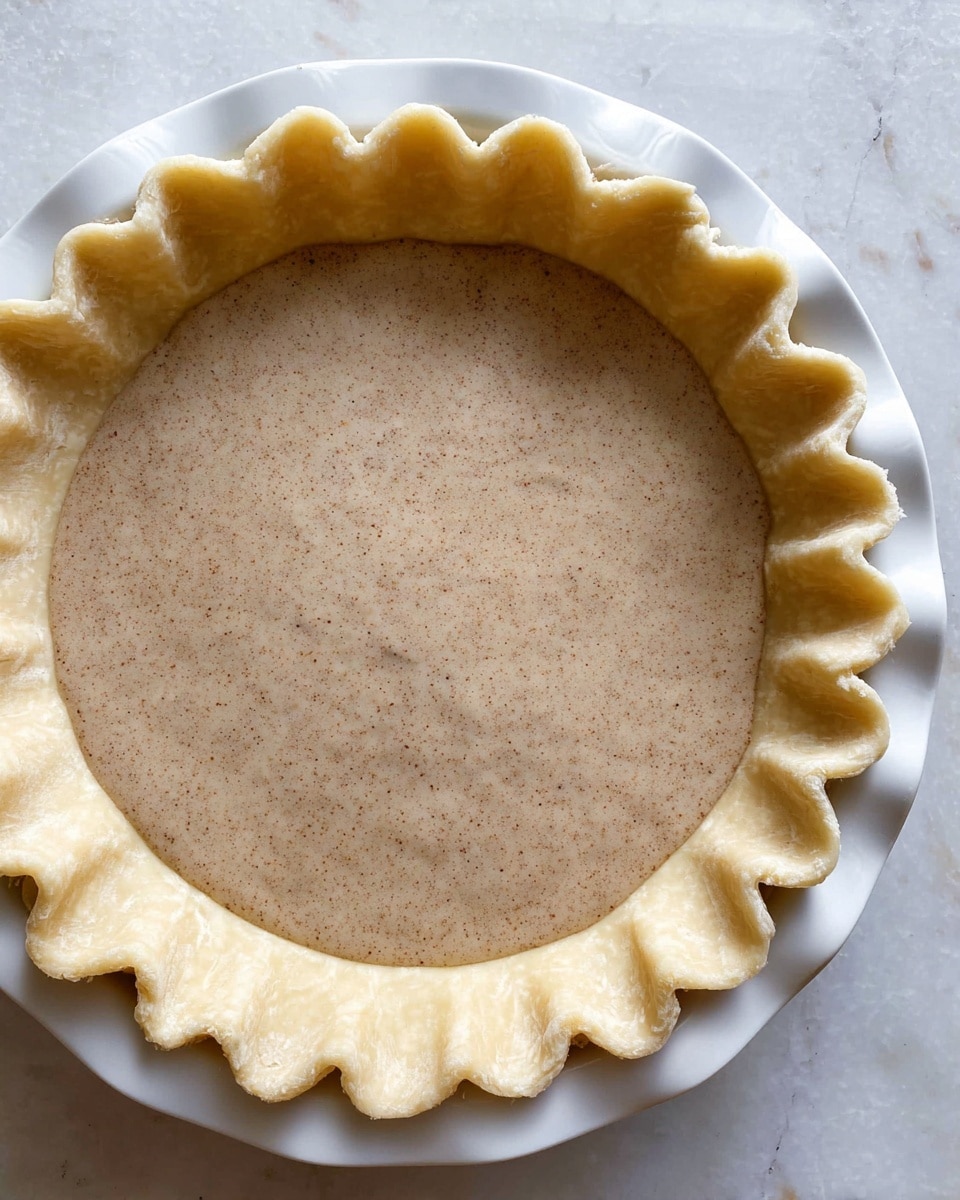 A close-up top view of an unbaked pie in a white plate, showing one layer of light beige dough forming a crimped edge with a wavy pattern, and a smooth, creamy light brown filling with tiny darker specks spread evenly inside the crust. The pie sits on a white marbled surface. photo taken with an iphone --ar 4:5 --v 7