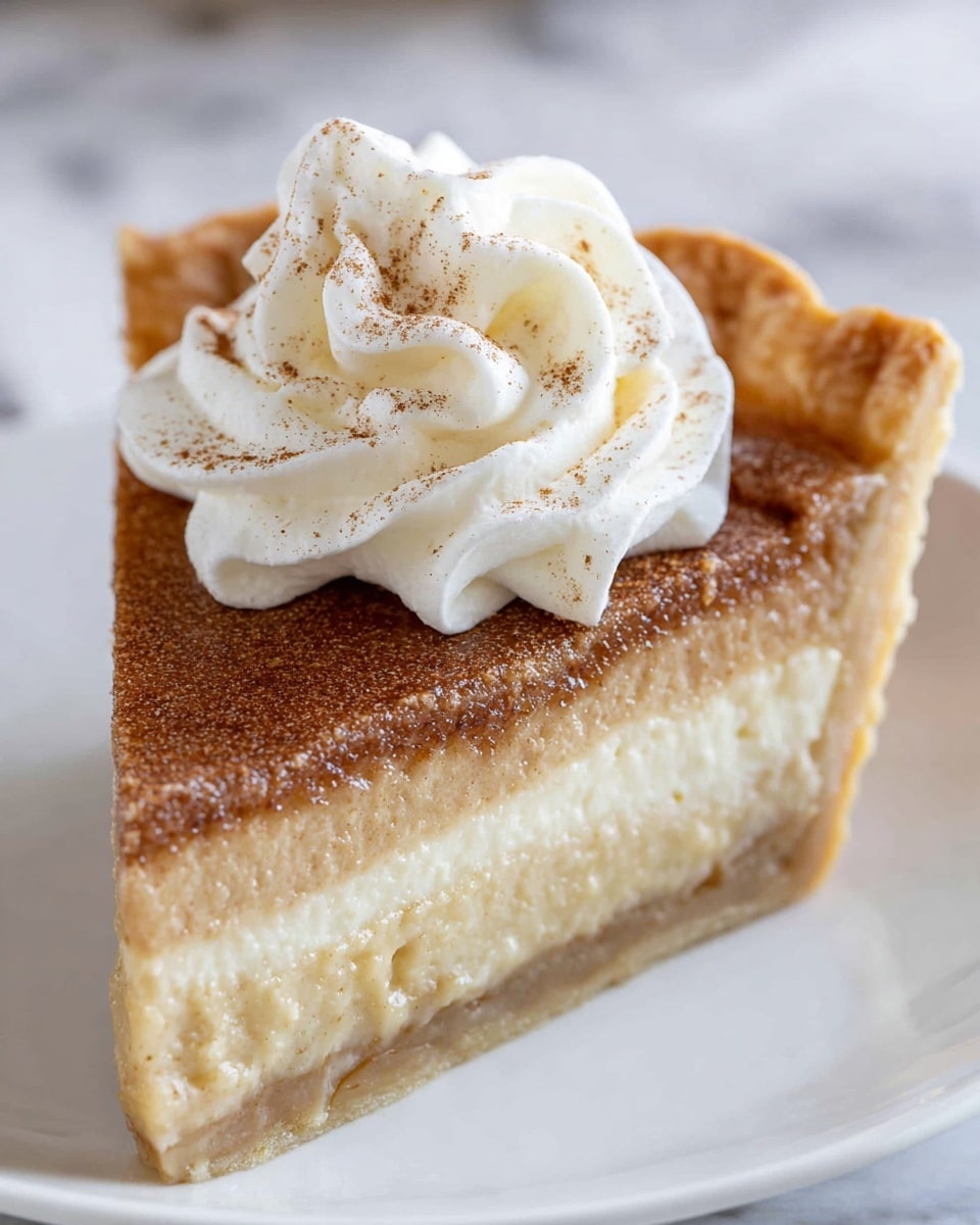 A close-up of a single slice of pie shows three layers: the bottom layer is a light golden flaky crust, the middle layer is a creamy beige filling, and the top layer is a darker brown spiced custard with a smooth, soft texture. On top of the pie slice is a generous swirl of white whipped cream, which is fluffy and soft with gentle peaks. The slice sits on a white plate placed on a white marbled surface. The photo taken with an iphone --ar 4:5 --v 7
