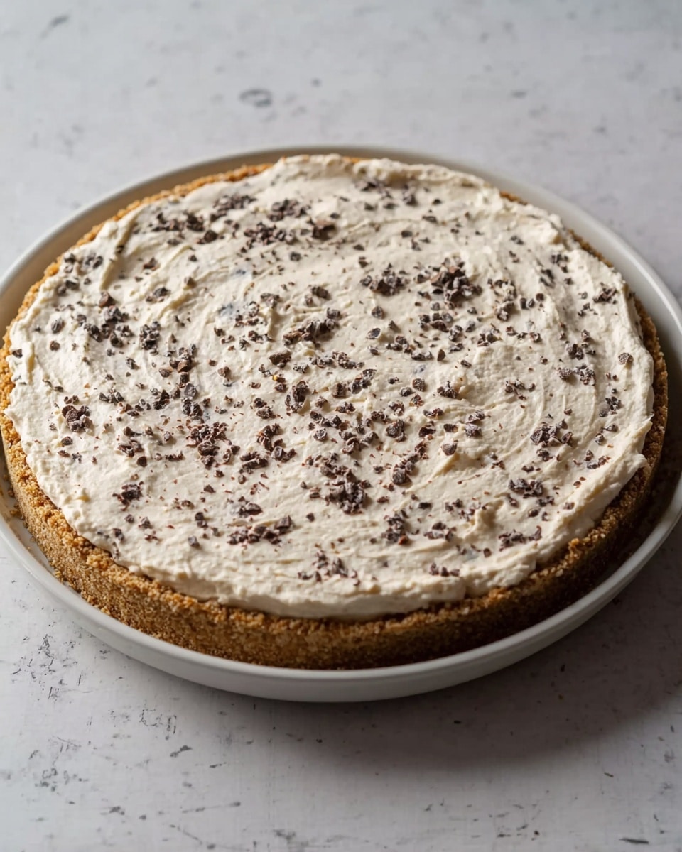 The image shows a single-layer round pie on a white plate sitting on a white marbled surface. The crust is light brown and crumbly, forming a thick edge around the pie. The top layer is cream-colored, thick, and textured with small dark chocolate bits spread evenly throughout. The surface of this cream layer is slightly swirled and uneven, giving a homemade look. No additional decorations or toppings are visible. photo taken with an iphone --ar 4:5 --v 7