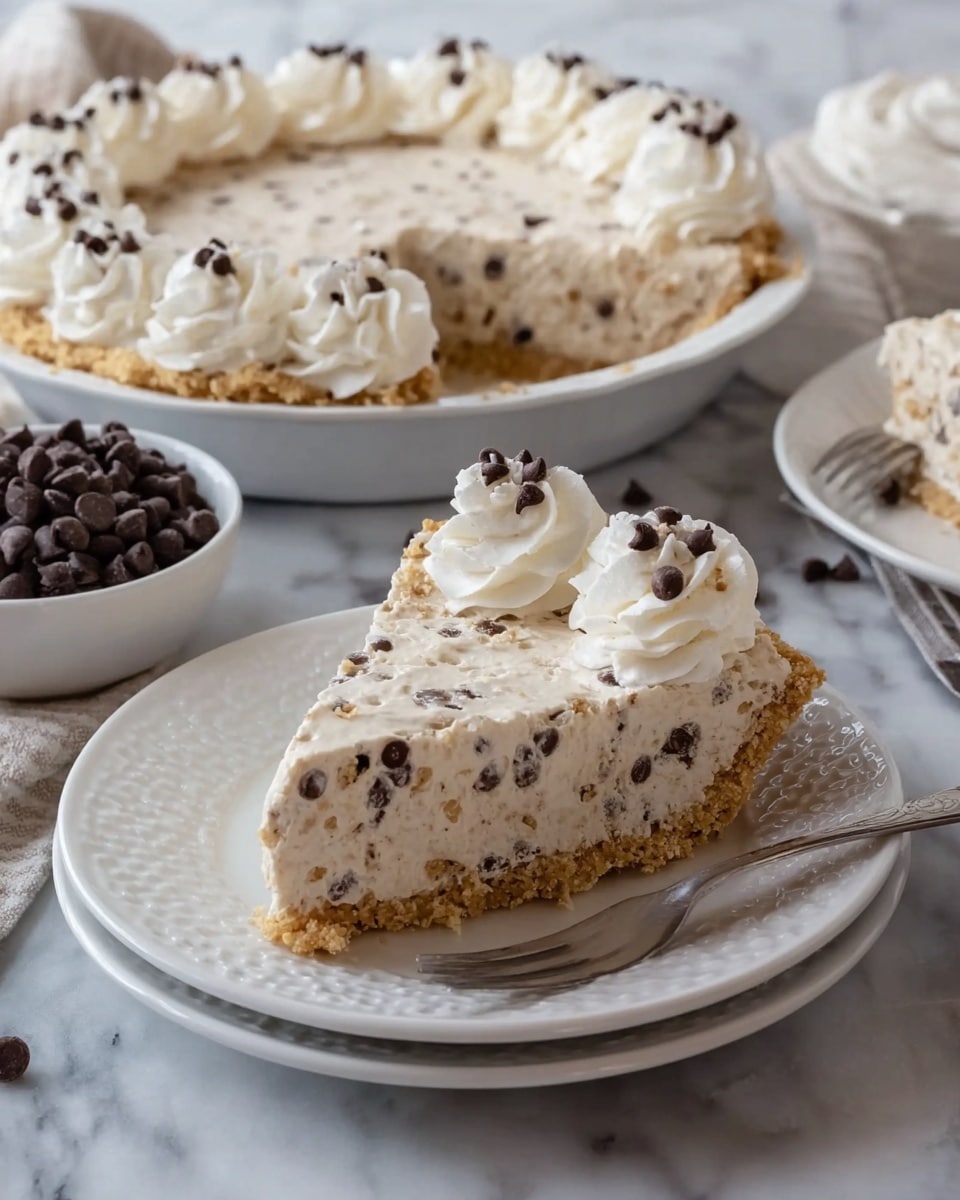 A slice of light tan cream pie with small dark chocolate chips mixed throughout sits on a white plate with a delicate embossed pattern. The pie has a thick, crumbly golden brown crust with a slightly uneven edge. On top of the slice, there is a border of three fluffy white whipped cream swirls, each decorated with a few more dark chocolate chips. In the background, a matching white dish holds the rest of the pie topped with the same whipped cream swirls and chocolate chips. To the side, a small white bowl is filled with additional dark chocolate chips, and a silver fork rests near the plate. All items are placed on a white marbled surface. photo taken with an iphone --ar 4:5 --v 7