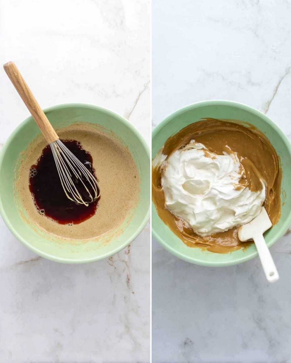 Two side-by-side images show a pale green bowl on a white marbled surface. On the left, the bowl contains a light brown batter with a glossy dark syrup on top and a whisk with a wooden handle resting inside. On the right, the bowl now holds a thick caramel-colored mixture topped with a large dollop of white cream, with a white spatula partially buried in the cream. Photo taken with an iphone --ar 4:5 --v 7