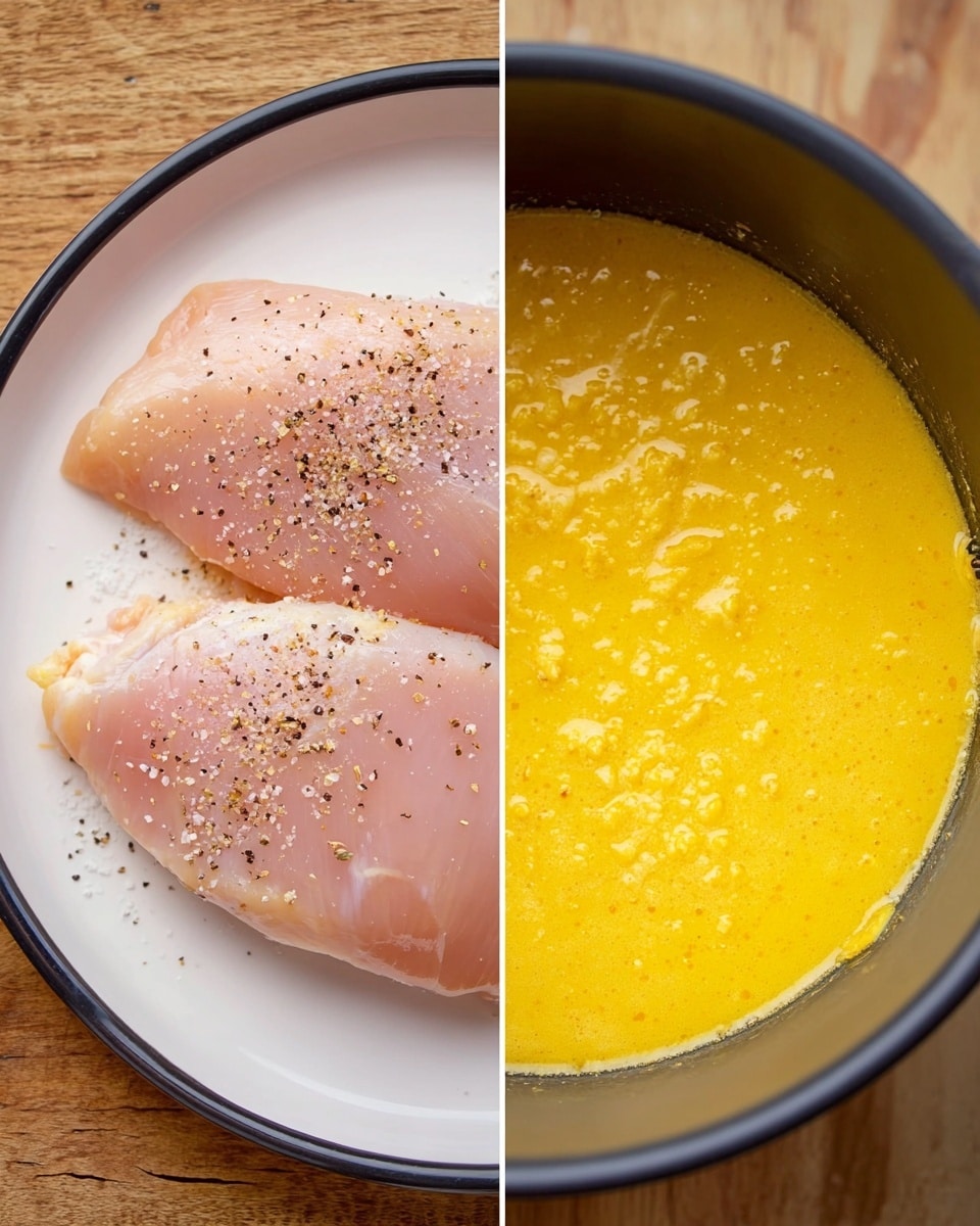 The image shows two parts side by side. On the left, two light pink raw chicken pieces lie flat on a white plate with a thin black rim, sprinkled with coarse salt and black pepper. The plate rests on a wooden surface. On the right, a black pot holds a smooth, bright yellow liquid with a few small lumps, filling most of the pot and showing a shiny surface. The image's background is changed to a white marbled texture. photo taken with an iphone --ar 4:5 --v 7