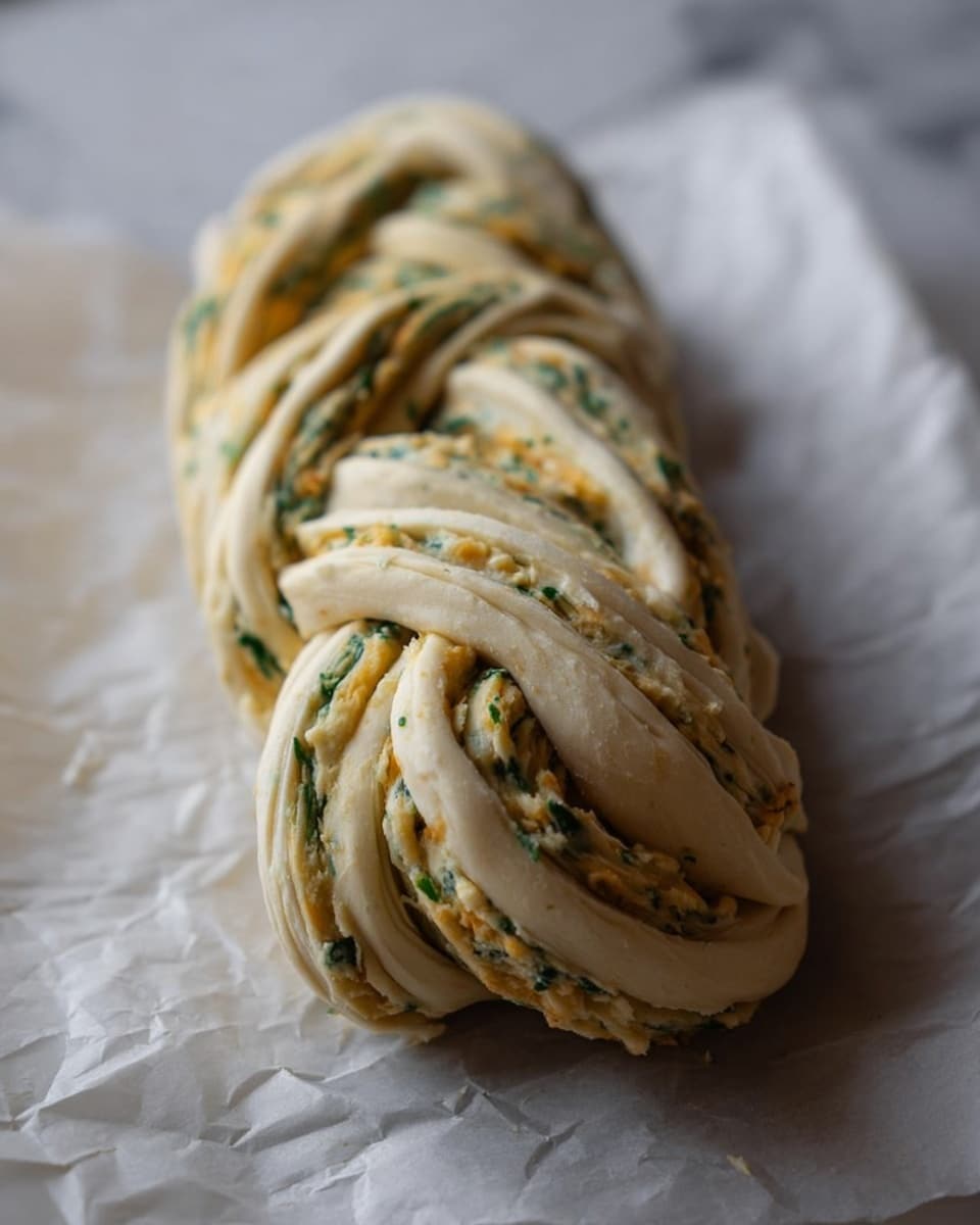 A golden brown braided bread loaf with visible layers twisted together, showing a flaky texture sprinkled with herbs throughout the surface. The bread has three thick twisted strands, each layer exhibiting a shiny crust with slightly darker baked edges and soft lighter beige inside. It rests on a wooden board, garnished with small fresh green herb leaves loosely scattered around. The bread looks warm and fresh, showing both smooth and crispy textures in the twisted layers. Photo taken with an iphone --ar 4:5 --v 7