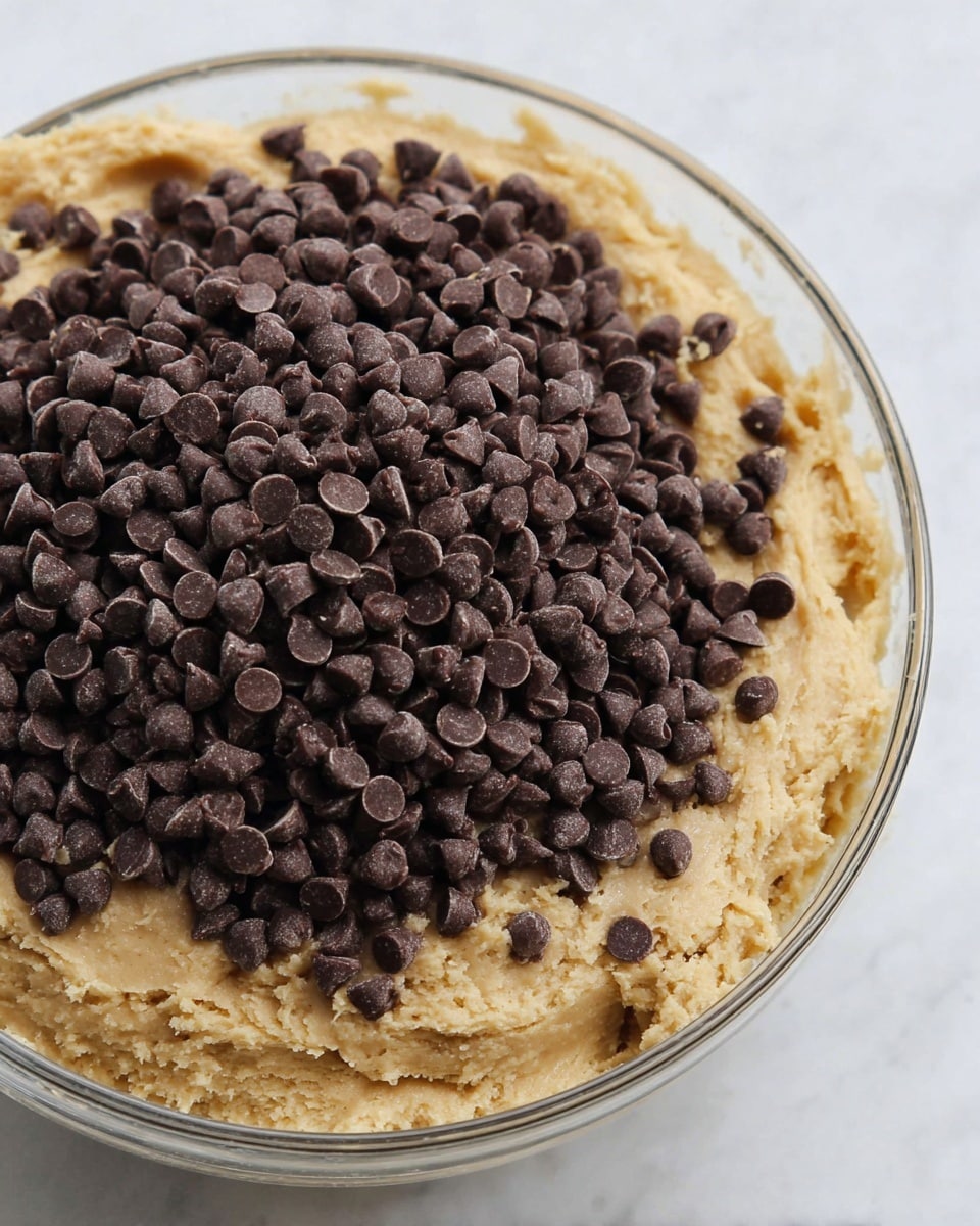 The image shows a close-up of a clear glass bowl containing two layers: the bottom layer is a thick, creamy beige dough with a slightly rough texture and some visible small lumps, while the top layer is covered with a dense pile of small, shiny dark brown chocolate chips. The bowl sits on a white marbled surface. photo taken with an iphone --ar 4:5 --v 7