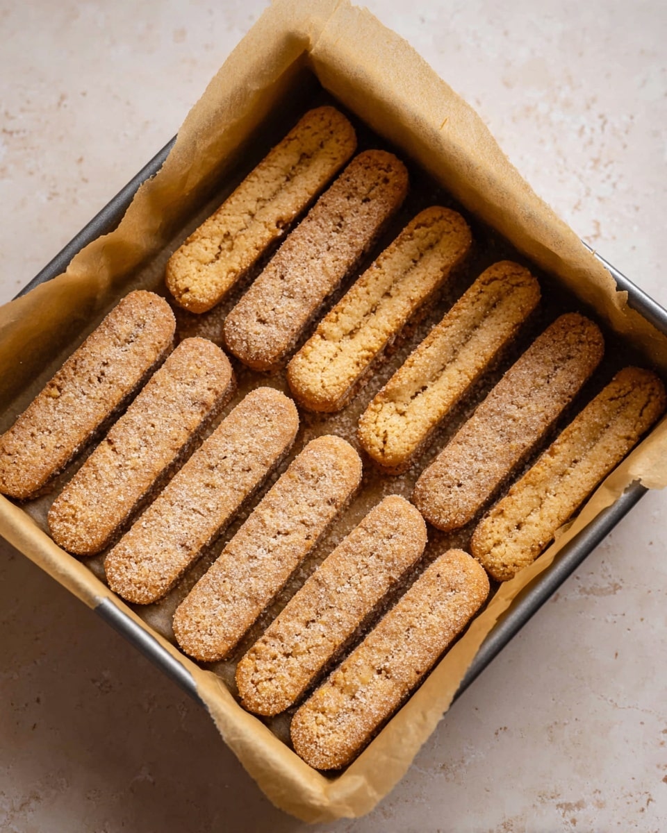 Inside a parchment-lined square baking pan, there are two layers of light brown, textured ladyfinger biscuits arranged neatly. The bottom layer shows ladyfingers placed close side by side horizontally, while the top layer is also horizontally aligned, overlapping but covering the gaps of the first layer. Each biscuit has a rough, porous surface with a lightly dusted coating, showing a warm golden-brown color with some darker spots. The edges are rounded and slightly crisp. The pan is placed on a white marbled surface. photo taken with an iphone --ar 4:5 --v 7