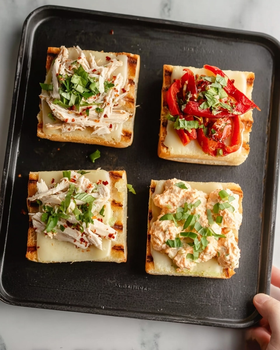 Four small sandwiches are placed on a black tray resting on a white marbled surface. Each sandwich is made with rectangular pieces of toasted baguette bread, lightly grilled to show crisp lines. On the bottom layer of each sandwich is a slice of pale yellow cheese that covers the bread. Two sandwiches are topped with shredded white chicken, strips of bright red roasted bell peppers, and a few green herb leaves. The other two sandwiches have a spread of light orange creamy sauce with small green herb leaves sprinkled on top. A woman's hand is reaching slightly towards one of the sandwiches. Photo taken with an iphone --ar 4:5 --v 7