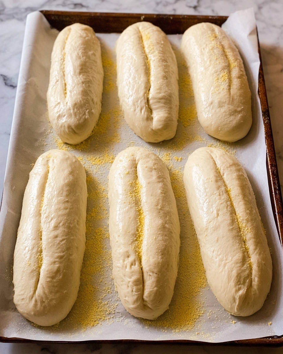 The image shows six long, smooth dough pieces placed in two rows on a white parchment paper-covered baking tray with a light sprinkle of yellow cornmeal. Each dough piece is pale cream in color with a slight glossy texture and has a single long indent running down the center. The tray is placed on a white marbled surface, adding a clean and simple background. The dough pieces have soft rounded edges and look ready to bake. photo taken with an iphone --ar 4:5 --v 7