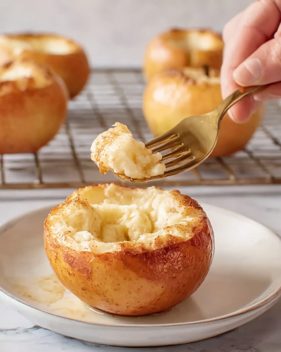 The image shows a close-up of a small round baked apple half placed on a white plate with a white marbled surface beneath. The apple is golden brown on the outside and soft cream-colored inside, filled with a light textured filling that looks smooth and slightly caramelized on top. A golden fork held by a woman's hand is lifting a piece of the apple from the center. In the background, there are other apple halves on a cooling rack with the same light filling inside. The colors are warm and soft, focusing on the texture of the baked apple and filling. Photo taken with an iphone --ar 4:5 --v 7