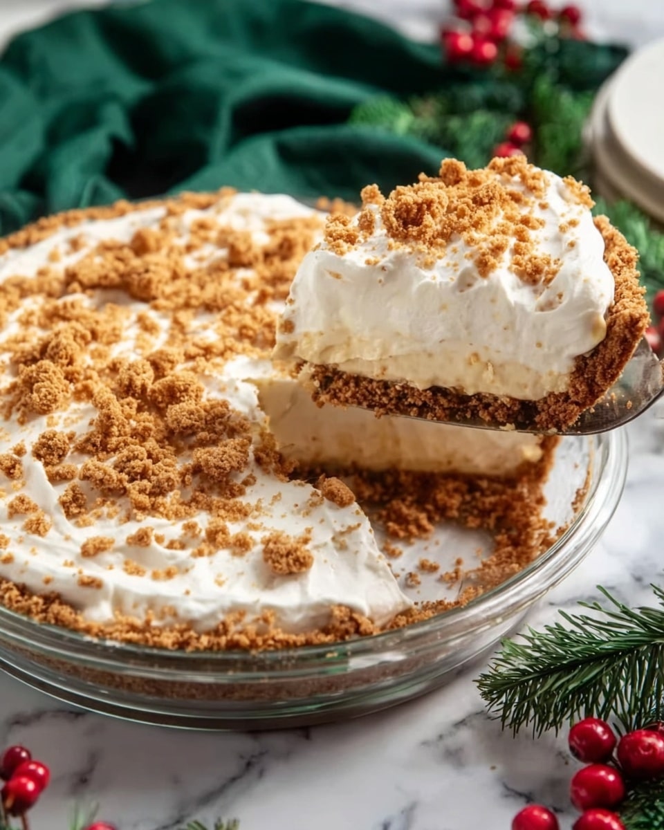 The image shows a round dessert pie with three layers in a clear glass pie dish on a white marbled surface. The bottom layer is a crumbly brown crust, the middle layer is light beige filling, and the top layer is thick, fluffy white cream sprinkled with crushed brown crumbs. A woman's hand holding a pie server is lifting out a slice, revealing the creamy layers clearly. Red berries and green pine sprigs decorate the scene around the pie, sitting on a green cloth. photo taken with an iphone --ar 4:5 --v 7