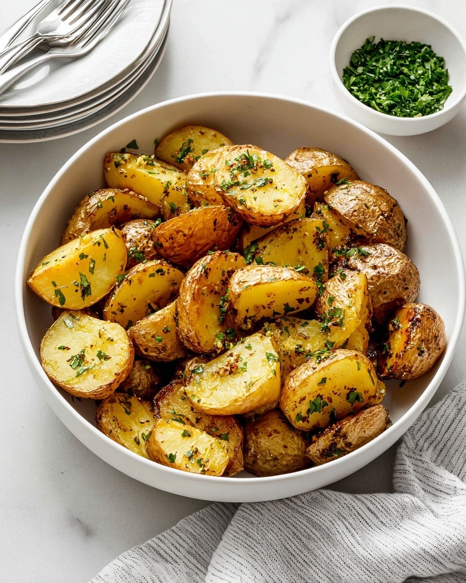 A large white bowl filled with golden roasted potatoes, each potato cut into thick halves and quarters showing a soft, yellow inside with slightly crispy, brown edges. The potatoes are sprinkled with small green herbs and bits of garlic, giving a textured look. The bowl is placed on a white marbled surface, next to a small white bowl with chopped green herbs and a silver serving spoon inside the potato bowl. There are stacked white plates and silver forks to the back left and a striped white and gray cloth underneath the bowl. Photo taken with an iphone --ar 4:5 --v 7