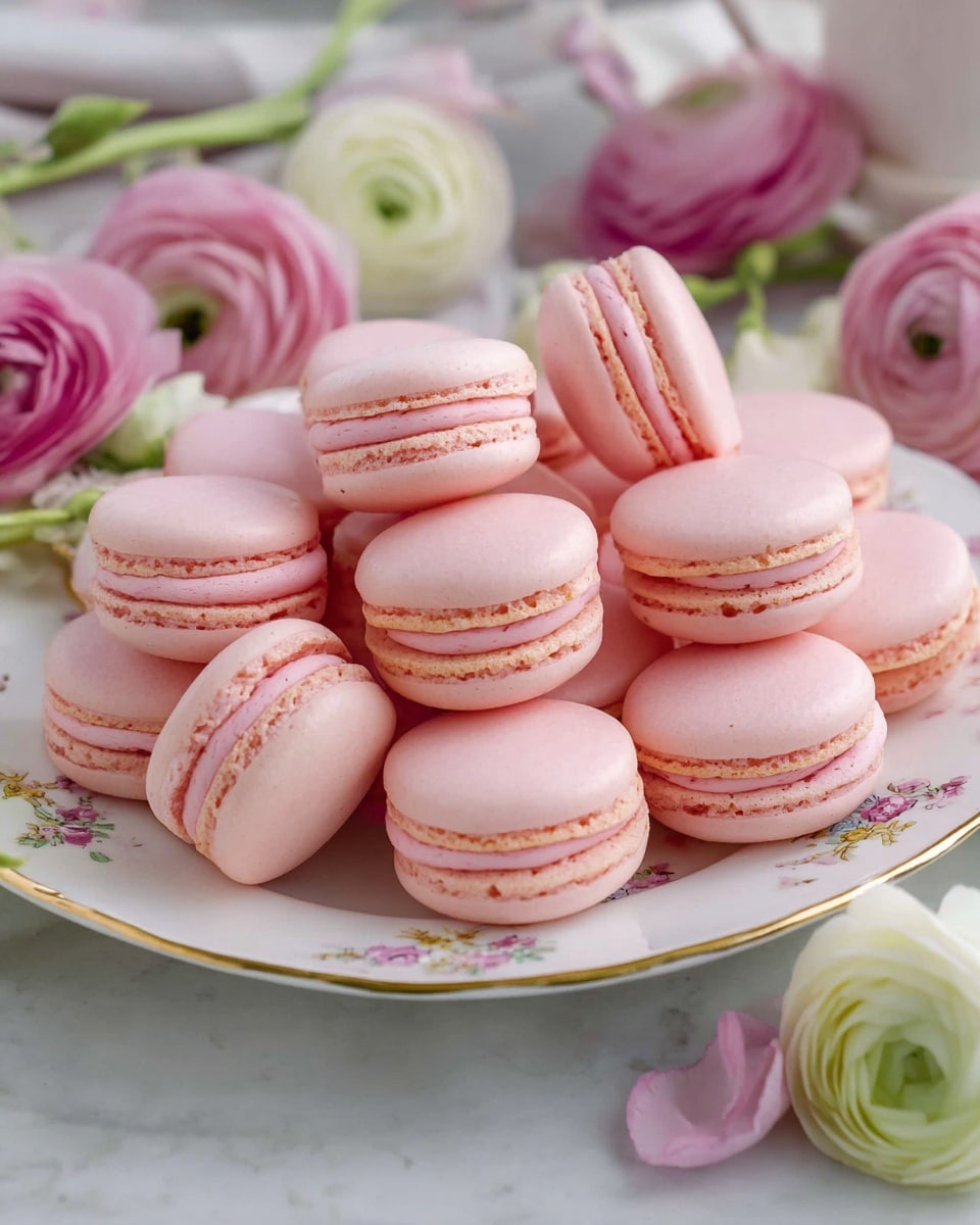 The image shows a white plate with a golden edge and floral designs holding many pink macarons, arranged in a slightly piled way. Each macaron has two smooth, rounded light pink shells with a soft texture and a ring of pink creamy filling in the middle, giving them two visible layers. Around the plate, there are fresh pink and white ranunculus flowers placed on a white marbled surface, adding a delicate and fresh touch to the scene. photo taken with an iphone --ar 4:5 --v 7
