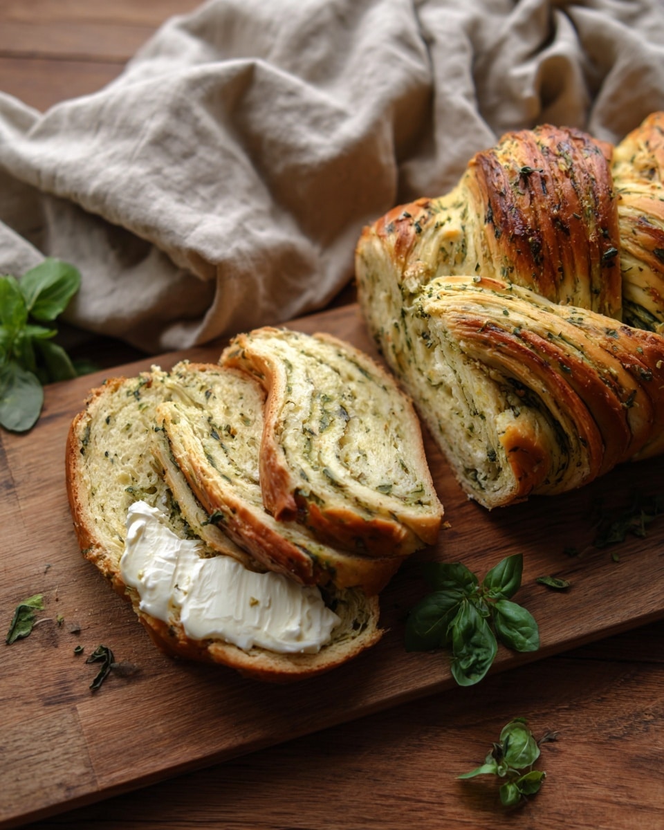 The image shows a twisted braid of dough with a filling in between the layers. The dough has about six visible layers that are pale beige with green herbs and small bits of yellow cheese spread evenly inside. The twisted shape exposes the filling from the side, showing the layers clearly. The braid rests on crumpled parchment paper, which is placed on a white marbled surface. The lighting softly highlights the texture of the dough and filling, making it look fresh and ready to bake. photo taken with an iphone --ar 4:5 --v 7