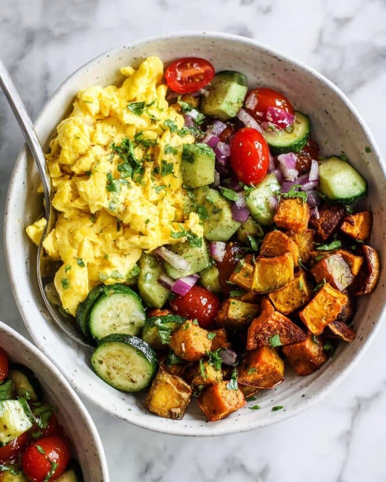 Sweet Potato Breakfast Bowl with Zucchini, Tomato Avocado Salad, and Scrambled Eggs Recipe