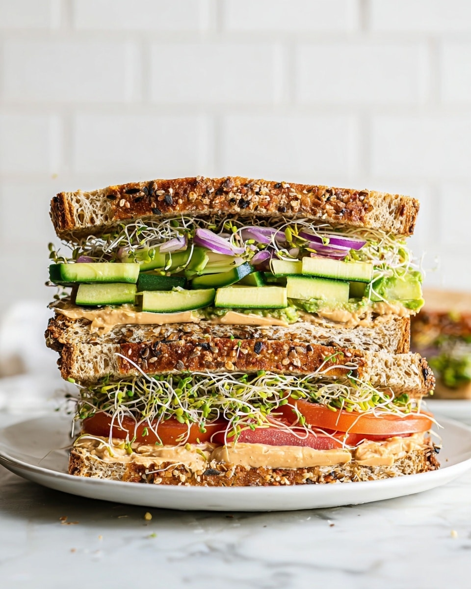 The image shows a thick sandwich with three layers of seeded whole grain bread. The bottom layer has slices of red tomato, light green cucumber, and pale green avocado, all topped with light-colored spread. The middle layer includes more light green sprouts mixed with some pieces of red onion and spread between two slices of bread. The top layer contains bright green cucumber slices, a few thin slices of purple onion, and a generous amount of light green sprouts, all spread with a creamy light brown sauce. The sandwich is placed on a white plate on a white marbled surface with a blurred white brick wall in the background. Photo taken with an iphone --ar 4:5 --v 7