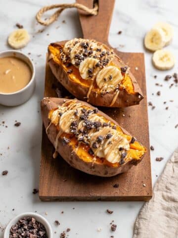 Breakfast Stuffed Sweet Potatoes with Peanut Butter, Banana, and Cacao Nibs Recipe
