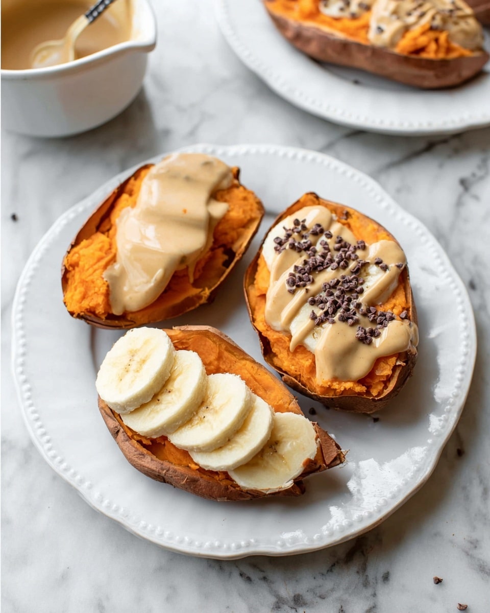 Two baked sweet potatoes are placed side by side on a wooden board with a handle and a rope loop. Each potato is sliced open, showing bright orange flesh. The first layer inside is the soft orange potato, topped with thin slices of banana arranged in a line. Drizzled over the bananas is a smooth light brown sauce, likely peanut butter. Small pieces of dark brown cacao nibs and tiny white seeds are sprinkled over the top, adding texture and color contrast. The wooden board sits on a white marbled surface, with some banana slices, cacao nibs, and a small white bowl of sauce nearby. Photo taken with an iphone --ar 4:5 --v 7