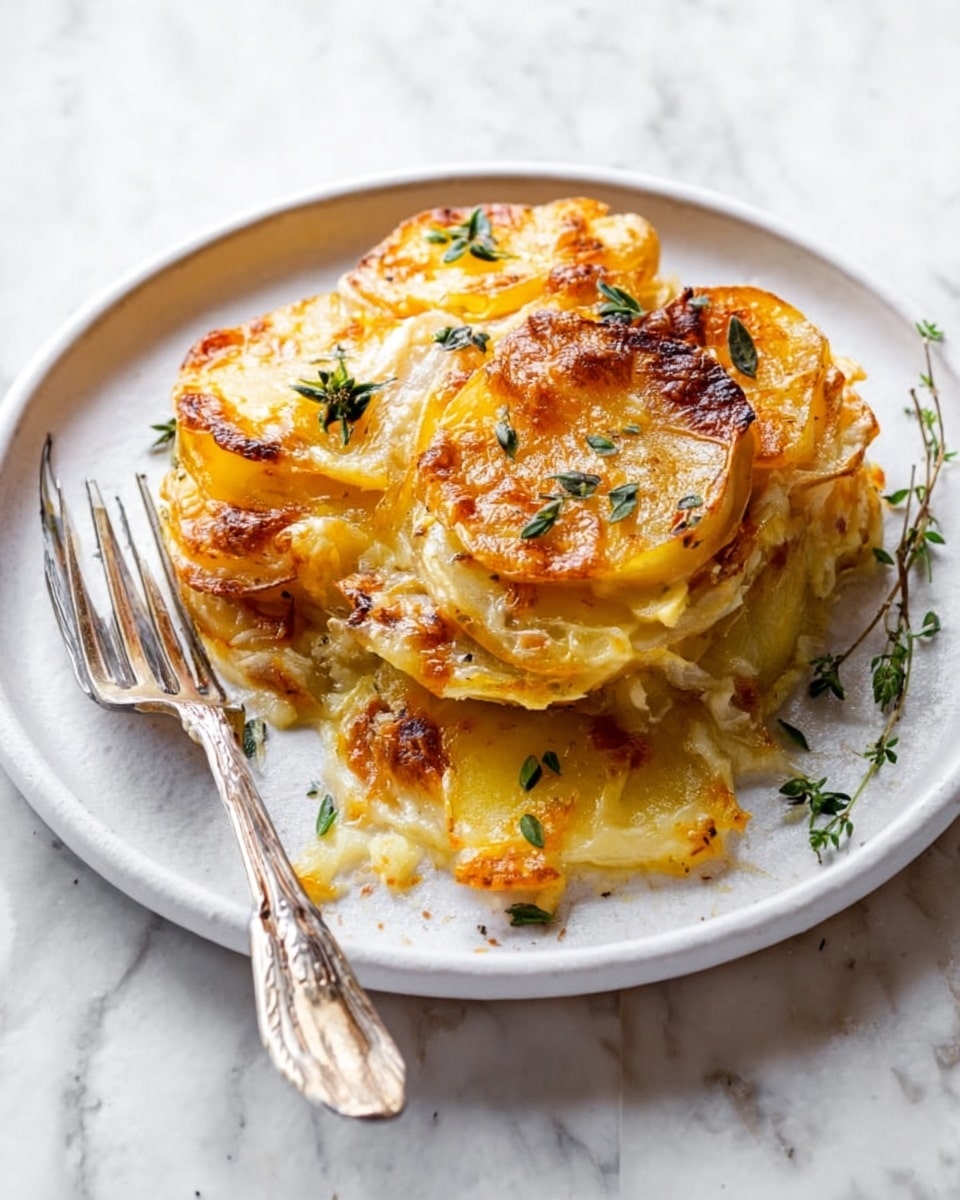 The image shows a white baking dish filled with multiple layers of thinly sliced potatoes stacked evenly. The top layer is golden brown with melted cheese that has spots of caramelization, creating a shiny, slightly crispy texture. Small green herb leaves are scattered on top, adding a fresh touch. A woman's hand with a silver spoon is lifting a spoonful from the dish, revealing the soft and creamy layers beneath the crispy surface. The dish is placed on a surface with a white marbled texture. photo taken with an iphone --ar 4:5 --v 7