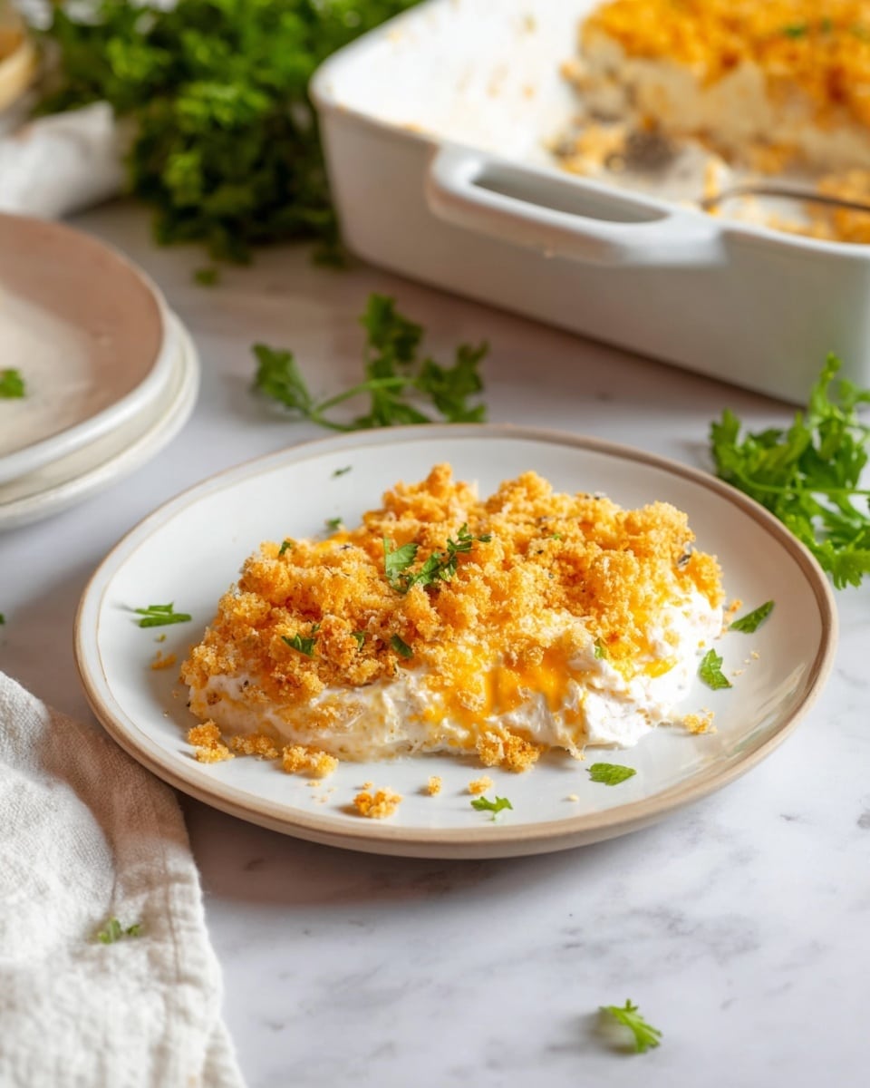 A white round plate holds a serving of baked casserole with two distinct layers; the bottom layer is creamy white and looks soft, topped by a crunchy golden-brown crumb layer with some orange hues. Small green parsley leaves are scattered on top for color. In the background, a white baking dish with a handle shows the same baked casserole inside, with a portion missing. The setting features a white marbled surface with sprigs of green parsley scattered around and a folded white cloth nearby. Photo taken with an iphone --ar 4:5 --v 7