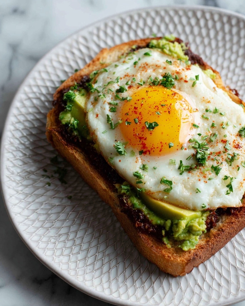 A white plate with a dark patterned edge holds a toasted slice of bread topped with mashed green avocado spread, a fried egg with a soft pale yellow yolk in the center, and dark browned crispy edges around the egg. Small bits of chopped green herbs are sprinkled over the whole dish and plate, adding fresh green specks. The plate sits on a white marbled surface. photo taken with an iphone --ar 4:5 --v 7