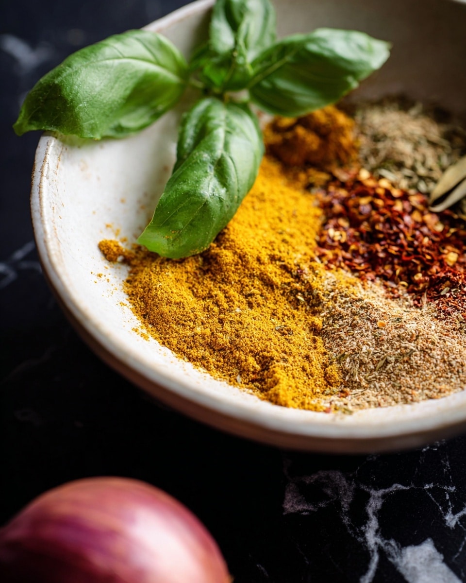 A close-up image of a white bowl filled with several layers of colorful spices. The bottom layer shows bright yellow turmeric powder spread unevenly. On top of the turmeric, there are patches of brown, red chili flakes, and light tan powders sprinkled all over. Three fresh green basil leaves rest on the edge of the bowl. In the foreground, slightly out of focus, there is a reddish onion. The entire scene is set on a dark surface with a white marbled texture in the visible corners. Photo taken with an iphone --ar 4:5 --v 7