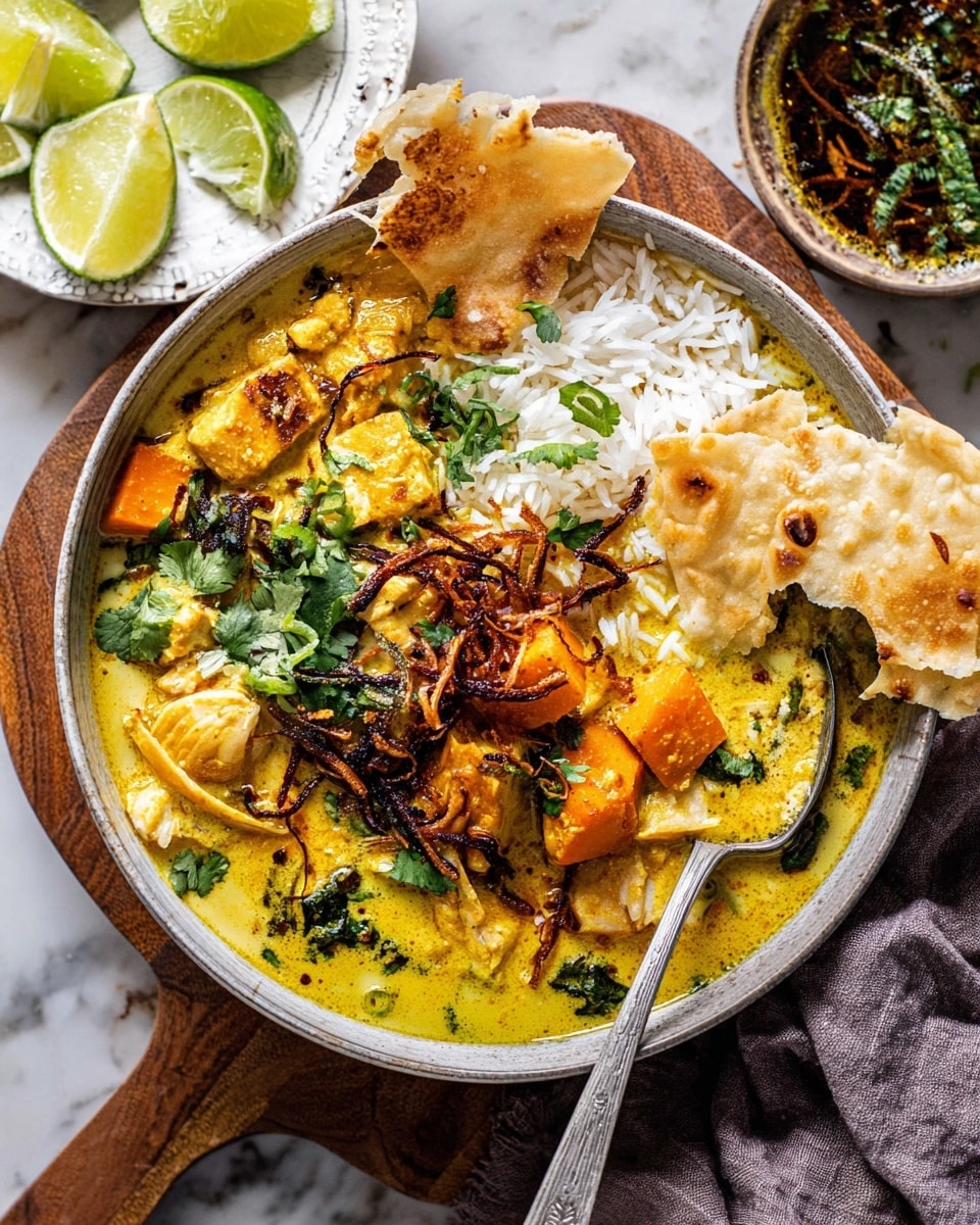 A bowl filled with a creamy yellow curry that has chunks of orange sweet potatoes and pieces of light yellow chicken, mixed with fresh green herbs on top. A portion of white rice sits on one side, partially soaked in the curry. Crispy brown fried onions are scattered over the curry and rice, adding texture. A piece of torn flatbread rests on the edge of the bowl, near a spoon dipping into the curry. Around the bowl, there are lime wedges placed on a wooden surface, and a small white plate holding a dark sauce with herbs is partly visible in the background. The whole scene is set on a white marbled surface. Photo taken with an iphone --ar 4:5 --v 7