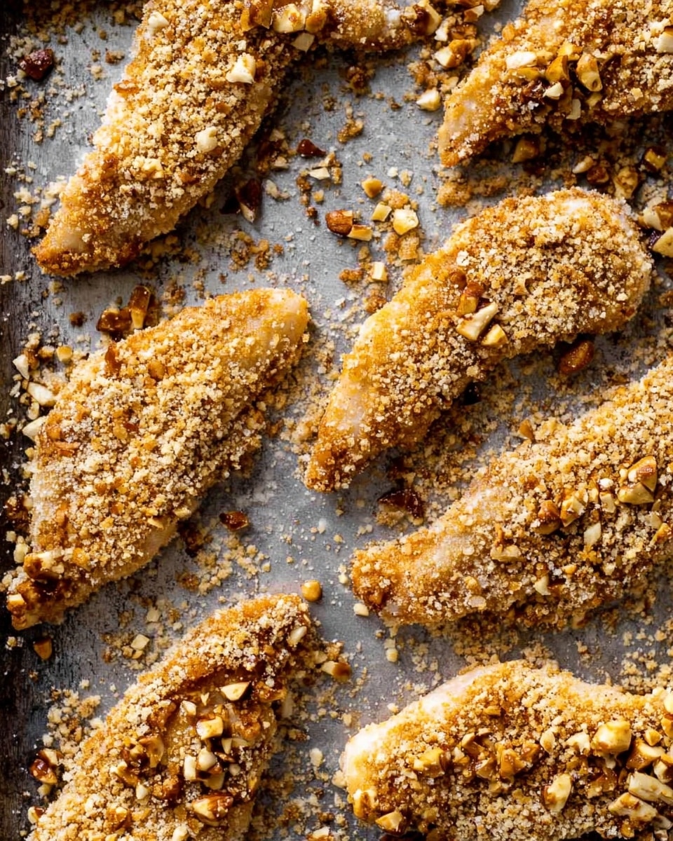 The image shows several pieces of raw chicken tenders coated with a thick, crumbly mix of light brown and beige crumbs and crushed nuts scattered unevenly across each piece, giving a rough texture. The coating looks crunchy with bigger nut pieces and smaller crumb bits, lightly covering the chicken's pale pink surface underneath. The chicken pieces are laid out in a scattered pattern on a baking tray with a slightly worn and stained gray metal texture. Bits of crumbs and nuts are also sprinkled around the tray, adding to the textured look. photo taken with an iphone --ar 4:5 --v 7