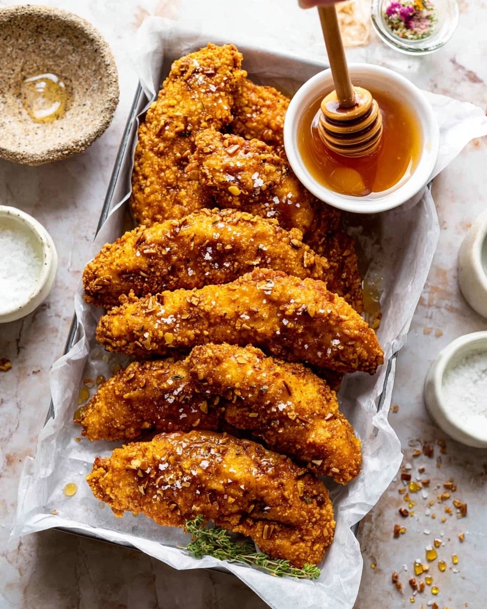 A tray lined with white paper holds several golden brown fried chicken tenders coated in a crunchy, textured crust with visible small nut pieces. The tenders are sprinkled with coarse sea salt. On the side, there is a small white round dish filled with honey topped with a wooden honey dipper resting inside it, and another small white dish containing flaky salt and a yellow flower garnish. The tray is set on a white marbled surface with a few pretzels and bits of salt scattered around. Photo taken with an iphone --ar 4:5 --v 7