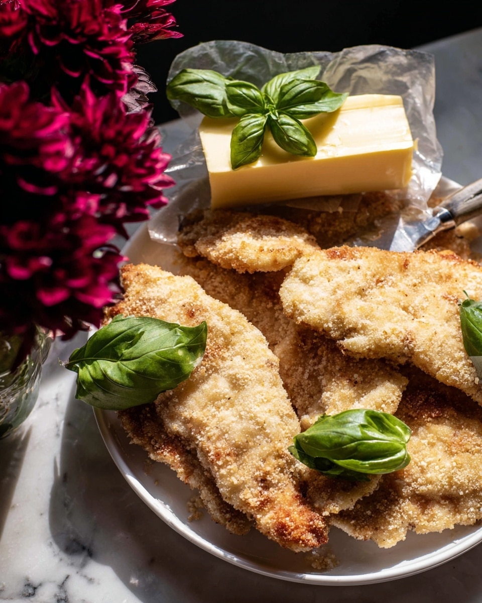 A white plate filled with several pieces of breaded chicken cutlets arranged closely together, each piece covered in a light golden crumb coating with a slightly rough texture. The plate sits on a surface with a white marbled texture. Fresh green basil leaves are placed on top of some cutlets, adding a pop of color. Next to the plate, a rectangular block of butter wrapped partially in parchment paper is topped with a sprig of fresh basil. In the background, deep pink flowers add a touch of vibrant color to the scene. The lighting highlights the textures of the breadcrumbs and the smoothness of the butter, creating soft shadows around the items. Photo taken with an iphone --ar 4:5 --v 7