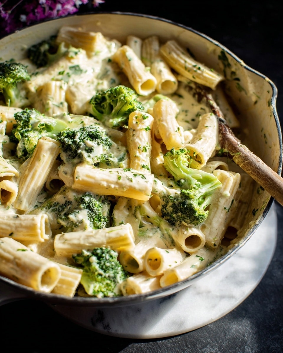A dark blue bowl holds a creamy pasta dish with three visible layers: the bottom layer is rigatoni pasta mixed with green broccoli florets and covered in a white sauce with herb specks; on top, two crispy, golden-brown fried pieces placed diagonally with a crunchy texture; scattered over the dish are dark, crisp strips of bacon, and fresh green herb sprigs add a touch of color. In the background, a white marbled surface is visible, along with a white plate holding large green basil leaves and a flower, and a wedge of cheese with more herbs. Photo taken with an iphone --ar 4:5 --v 7